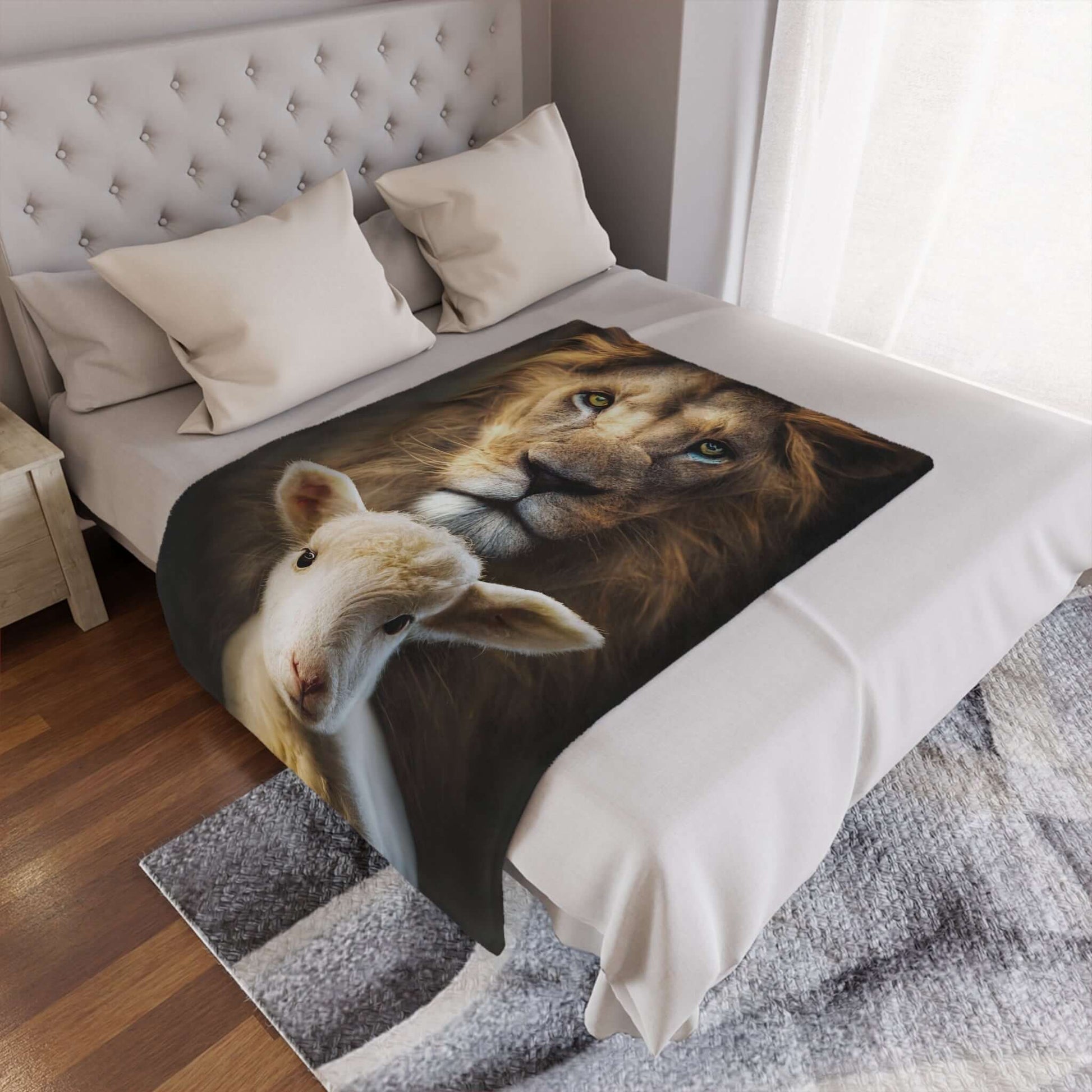 Christian Lion of Judah and Lamb of God fleece throw blanket on a bed, perfect religious home decor and cozy Christian gift.