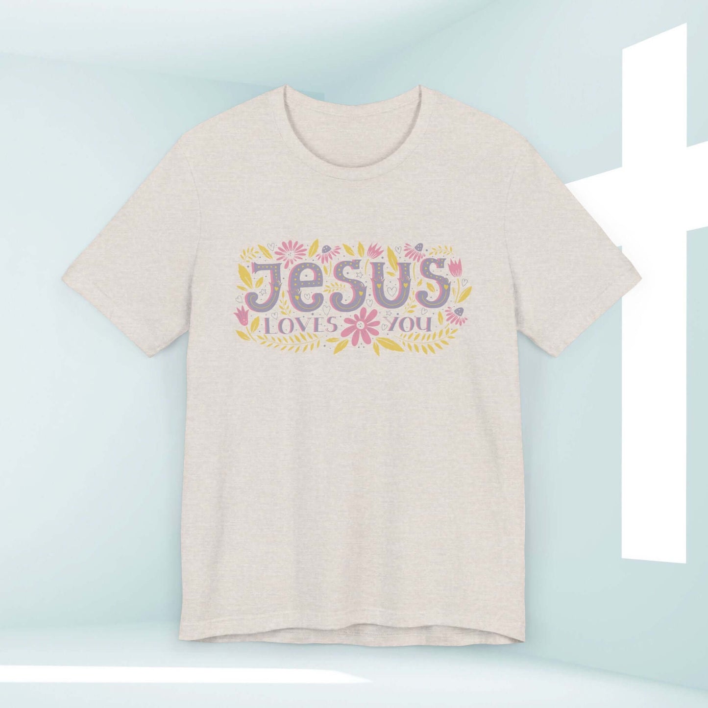 Jesus Loves You women's Christian tee with colorful design on display, perfect religious gift and Christian apparel for inspiration and faith.