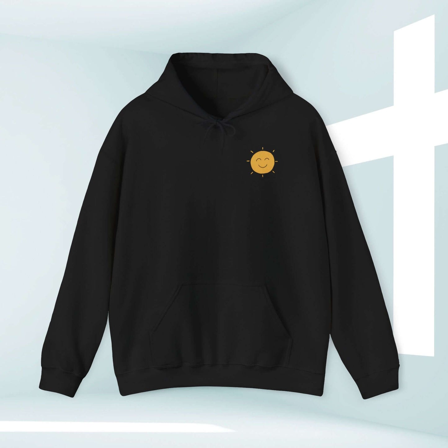 Black Shine Your Light Christian hoodie with smiley sun graphic, perfect boho pullover for faith-based inspiration and religious apparel enthusiasts