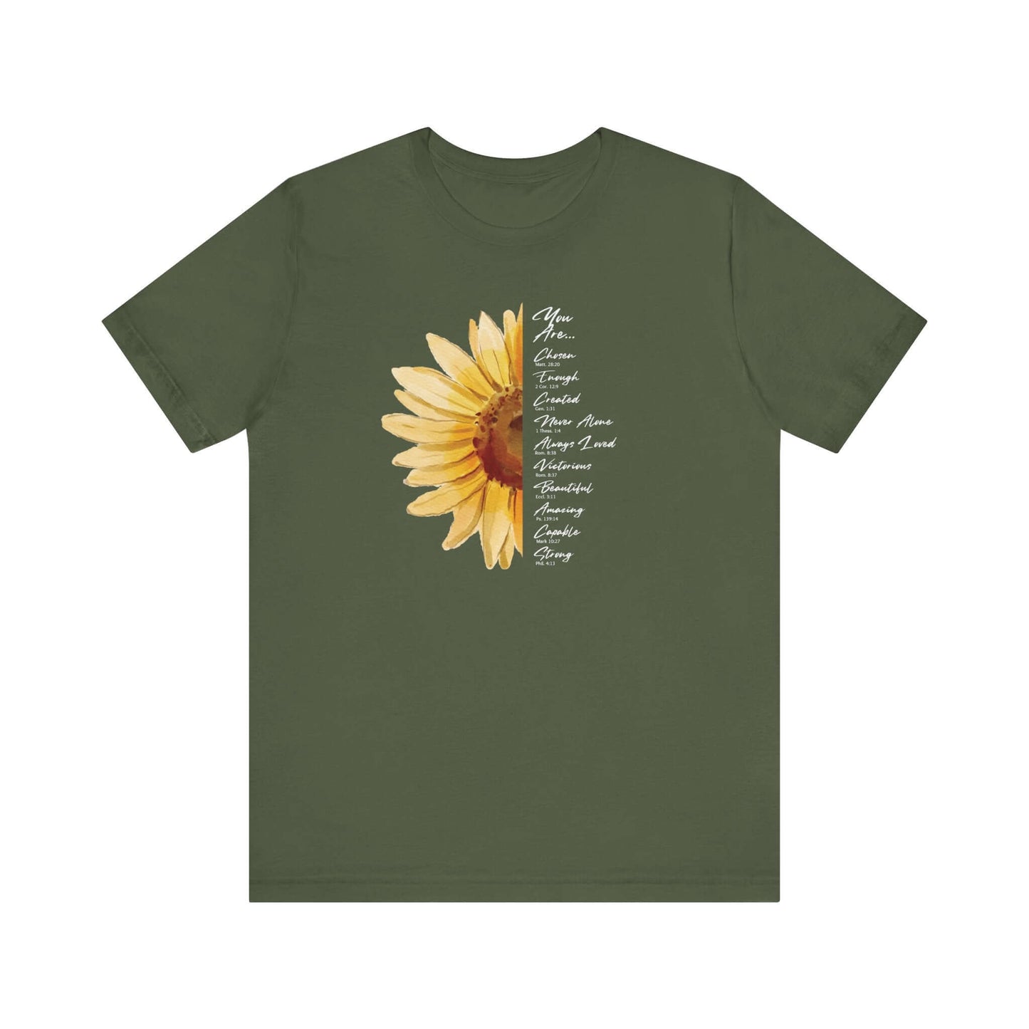 Green sunflower women's Christian t-shirt with "You Are Loved, Not Alone" text, perfect for faith, inspiration, and religious gifts.