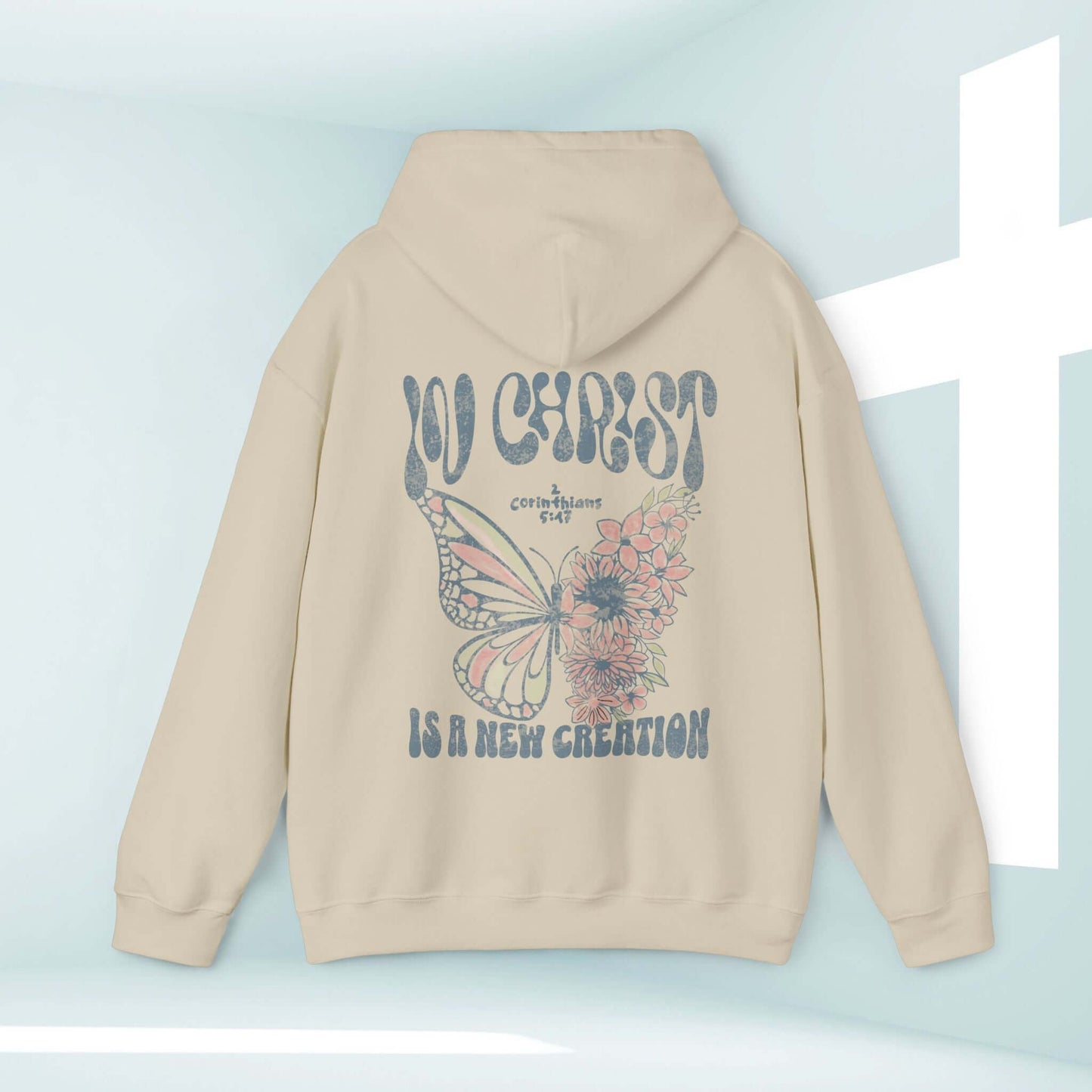 In Christ Is A New Creation Christian Hoodie with butterfly and Bible verse design, faith-based inspirational religious pullover hooded sweatshirt