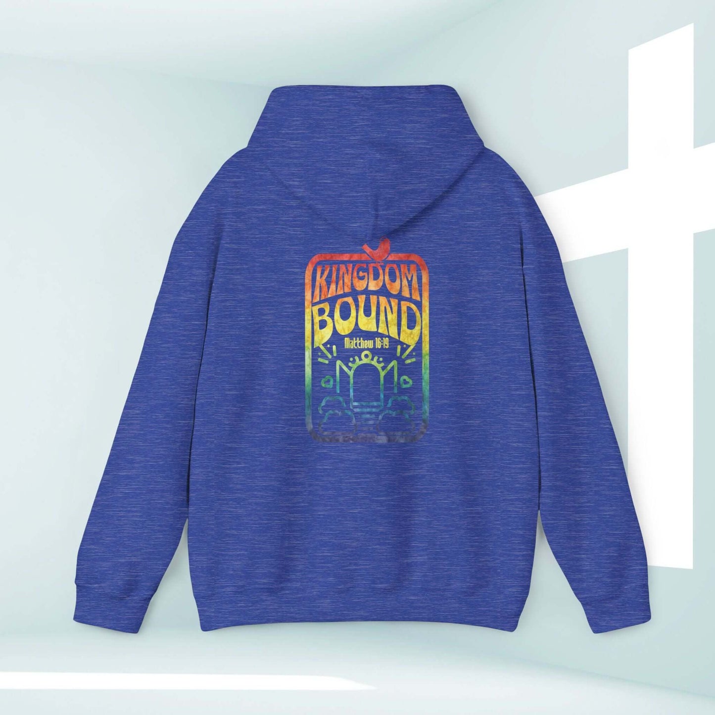 Kingdom Bound faith-based Christian hoodie with Bible verse and inspirational graphic in blue, perfect for Christian concerts and boho style.