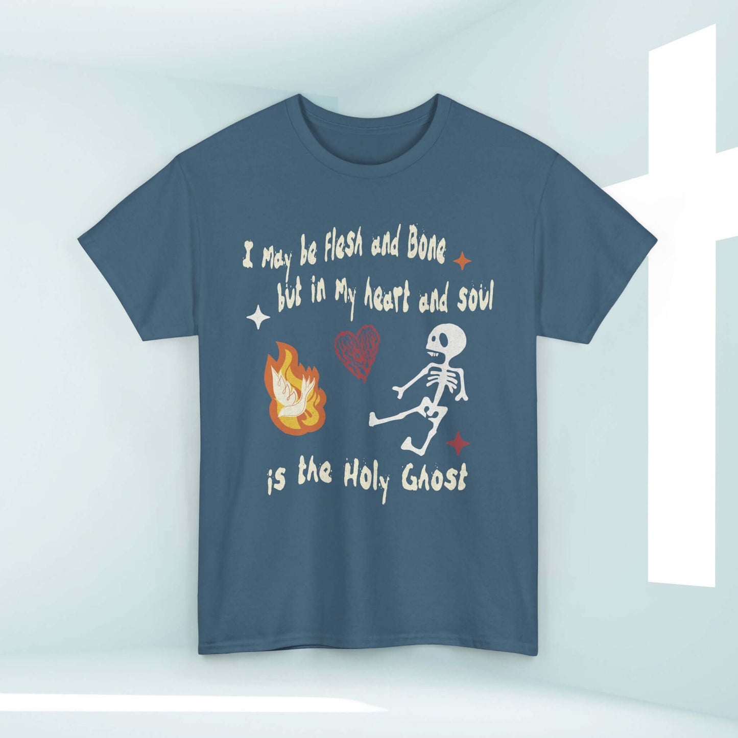 Christian Halloween shirt with dancing skeleton and Holy Ghost scripture, faith-based religious tee.