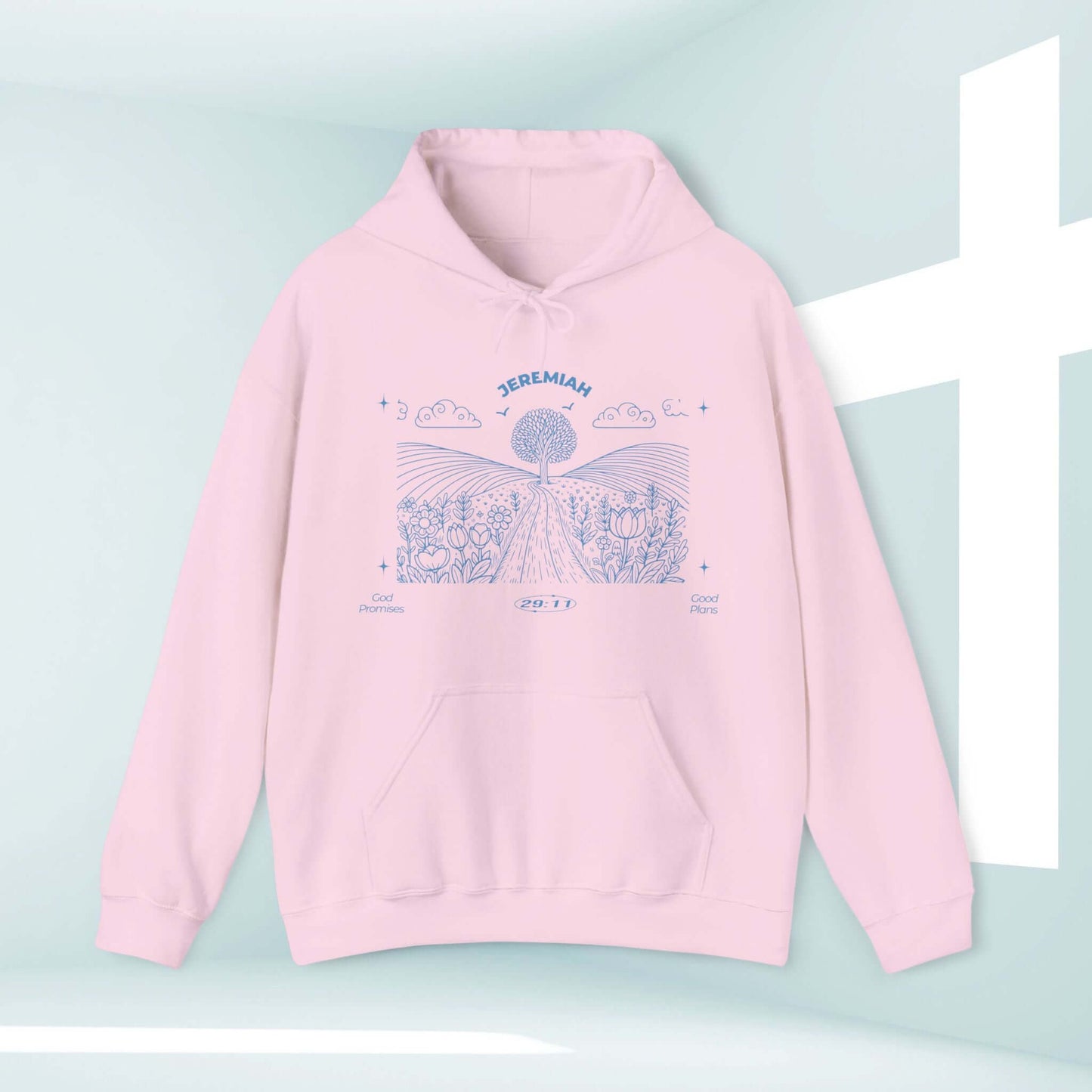 Christian hoodie featuring "For I Know The Plans" Bible verse, pink hooded sweatshirt with religious design, cozy pullover for inspiration