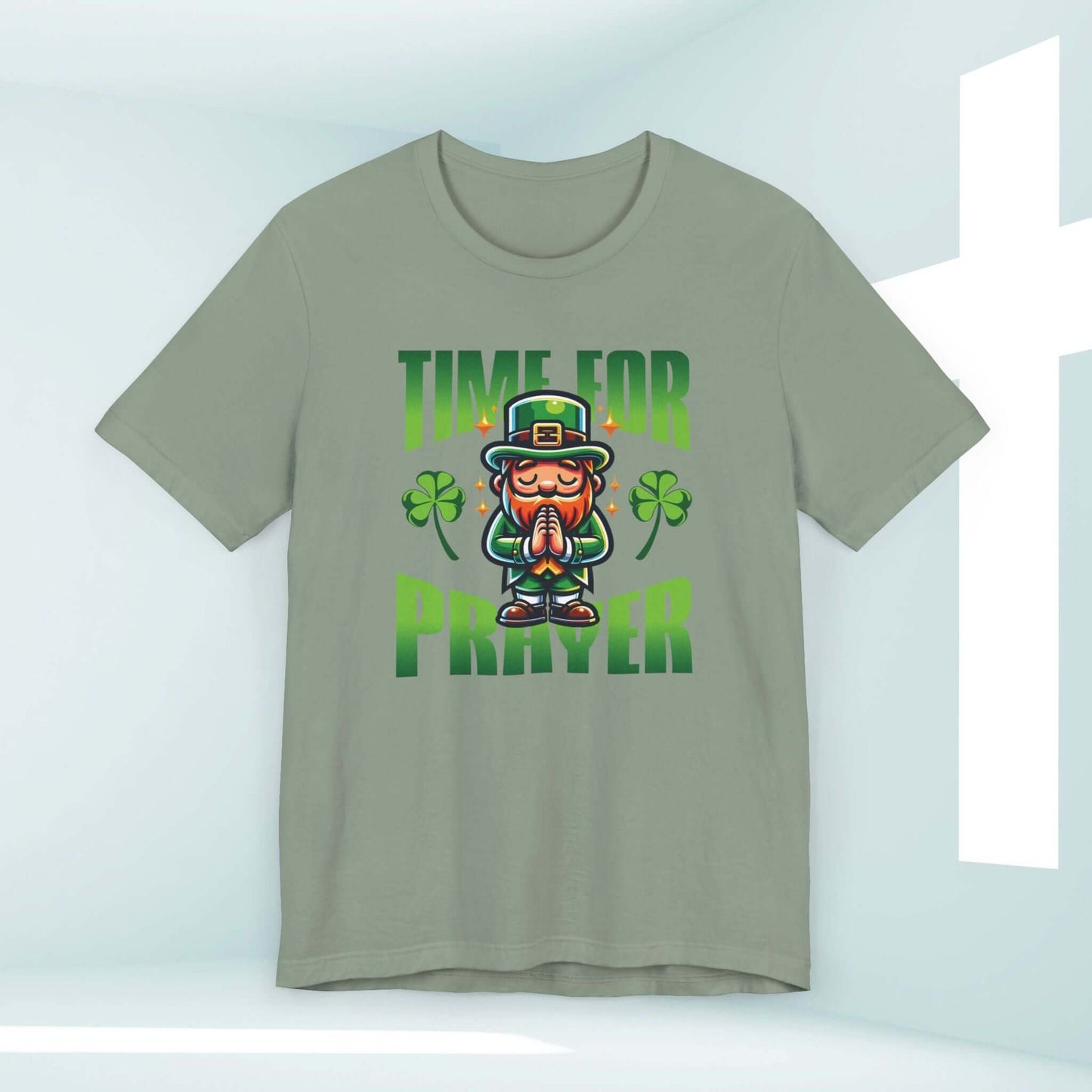 St Patrick's Day Christian shirt with praying leprechaun, shamrocks, and "Time for Prayer" text