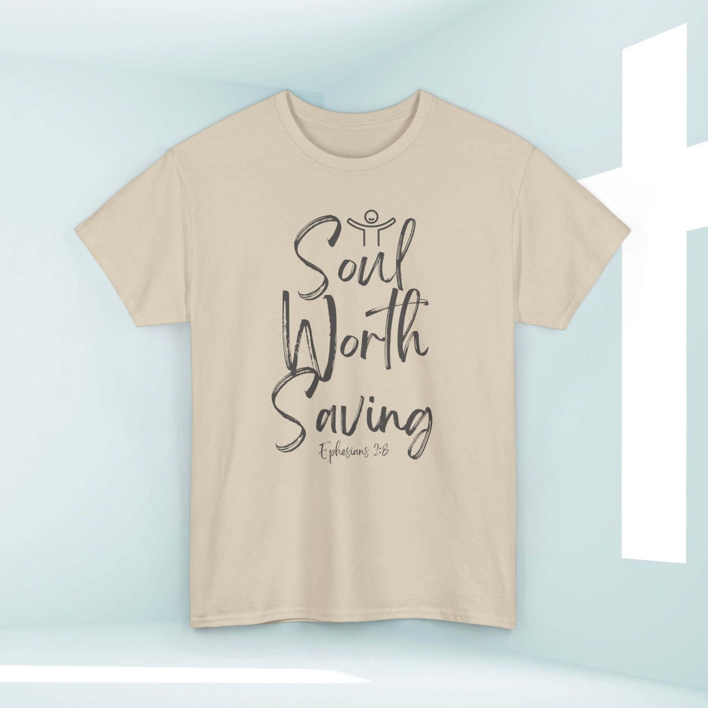 Soul Worth Saving women's Christian t-shirt with Ephesians 3:8 verse in a soft beige color, perfect for expressing faith and devotion.