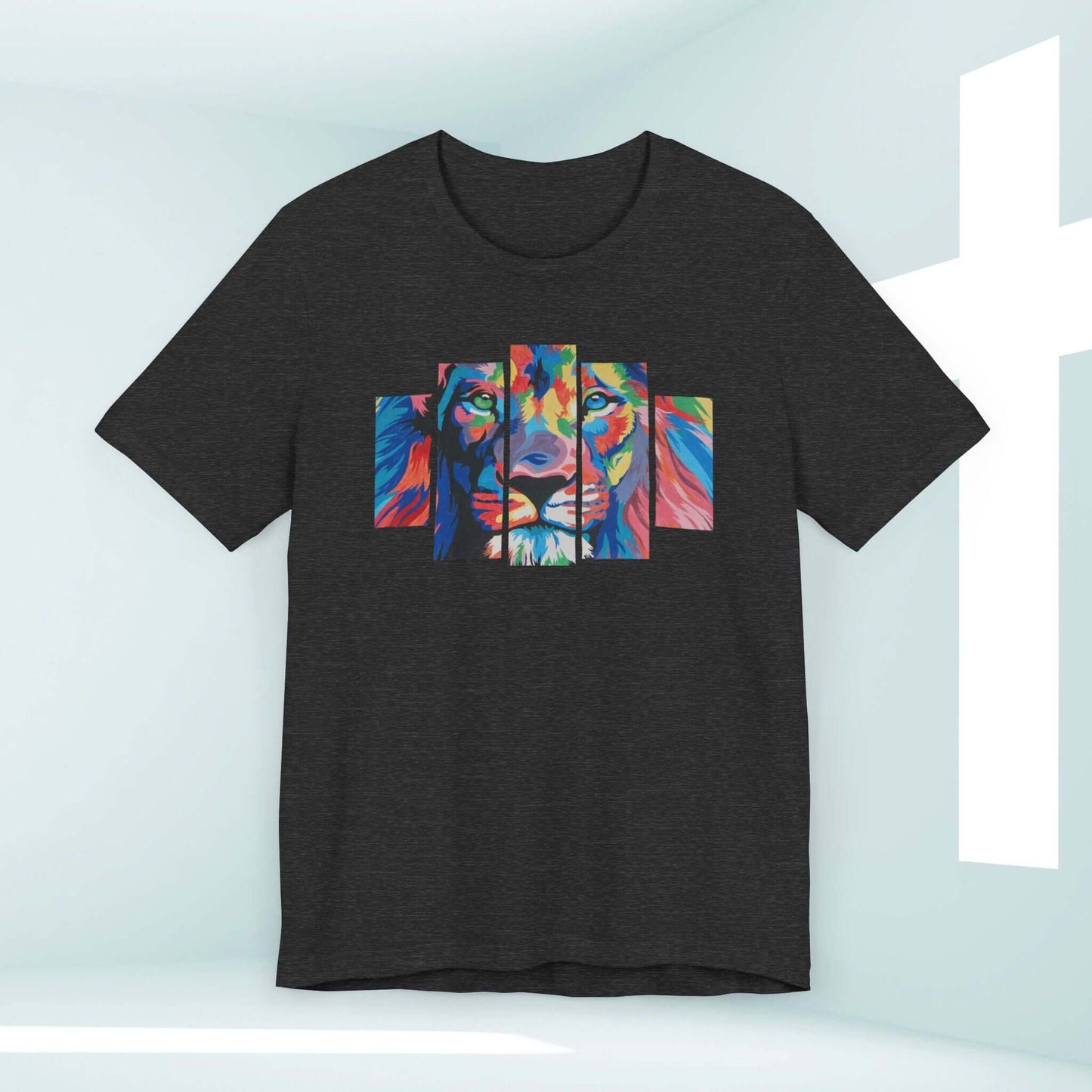 Christian Lion Of Judah shirt with colorful lion design, perfect for Bible study, church, baptisms, or as a thoughtful gift.