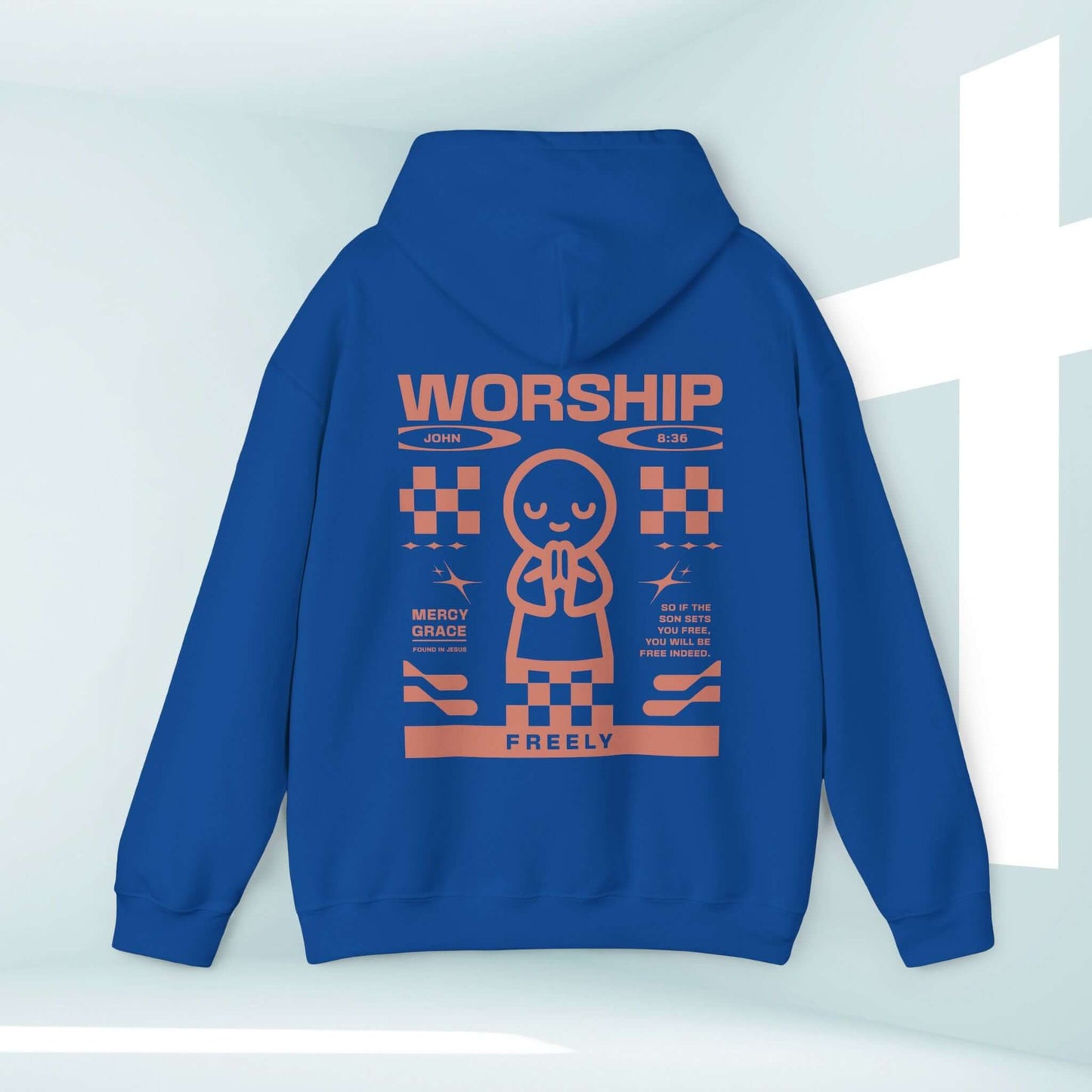 Blue Worship Freely Christian hoodie with faith-based graphic design; religious gift, faith-based church apparel, Christian sweatshirt for worship.