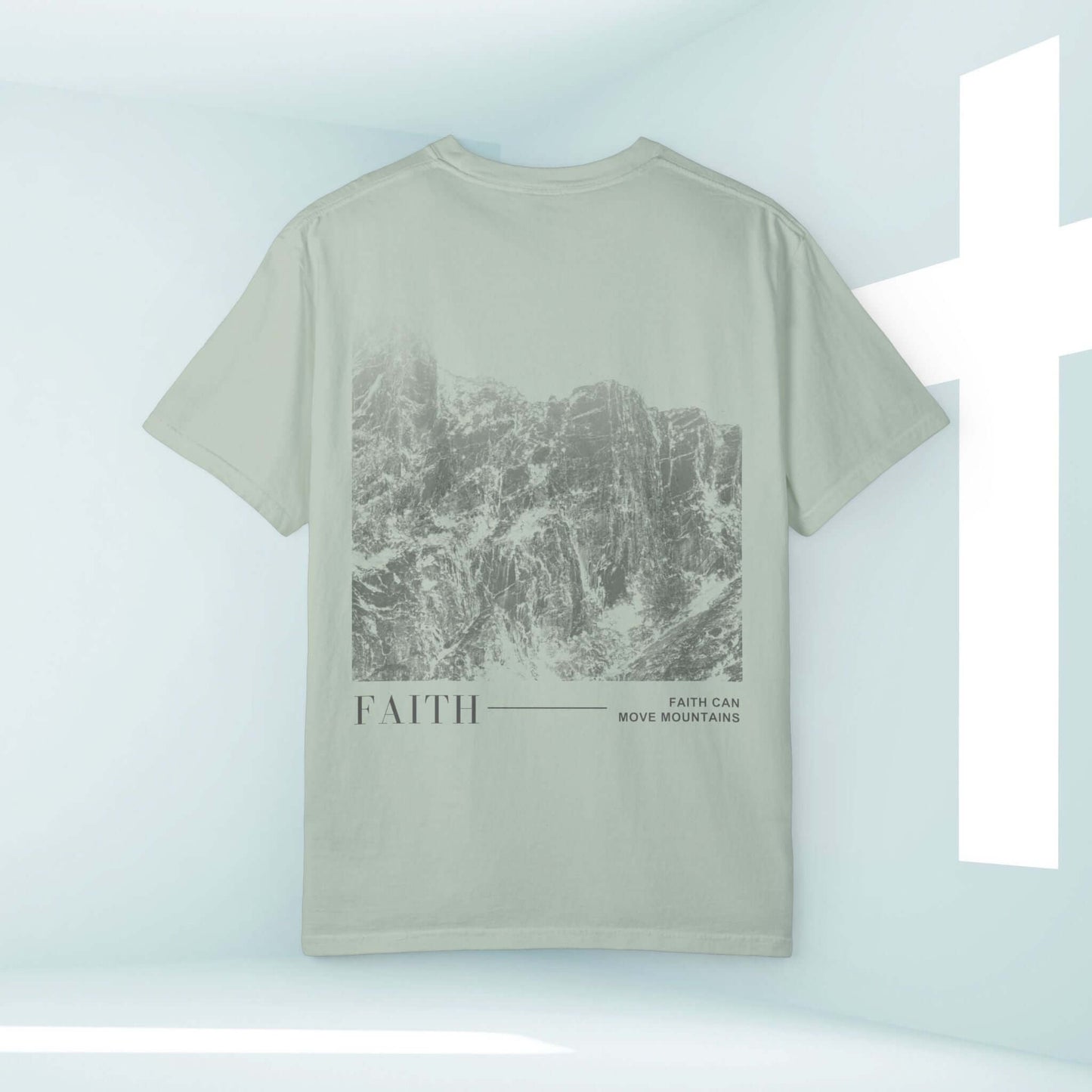 "Faith Can Move Mountains Christian Shirt with Mountain Graphic - Inspirational Faith-based Tee in Light Gray"