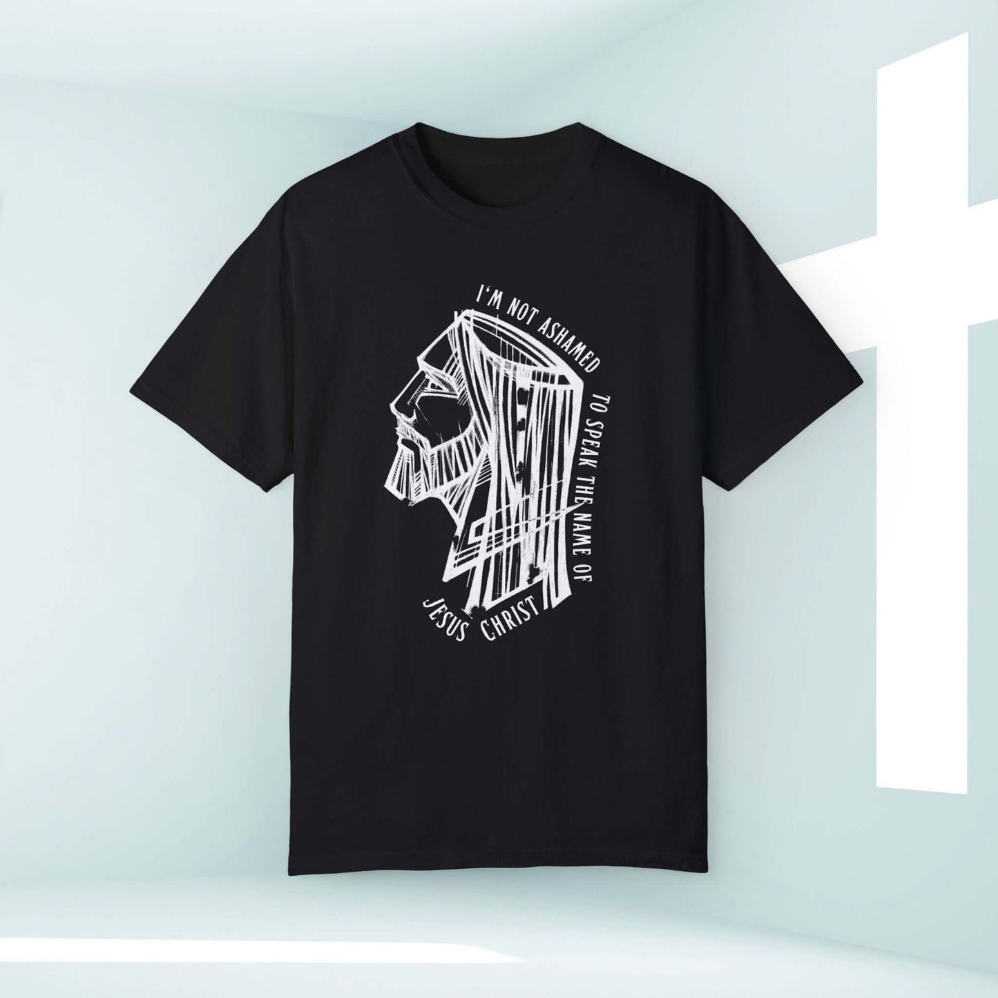 Black "I'm Not Ashamed to Speak the Name of Jesus Christ" men's Christian T-shirt with white line art of Jesus, perfect inspirational religious tee.