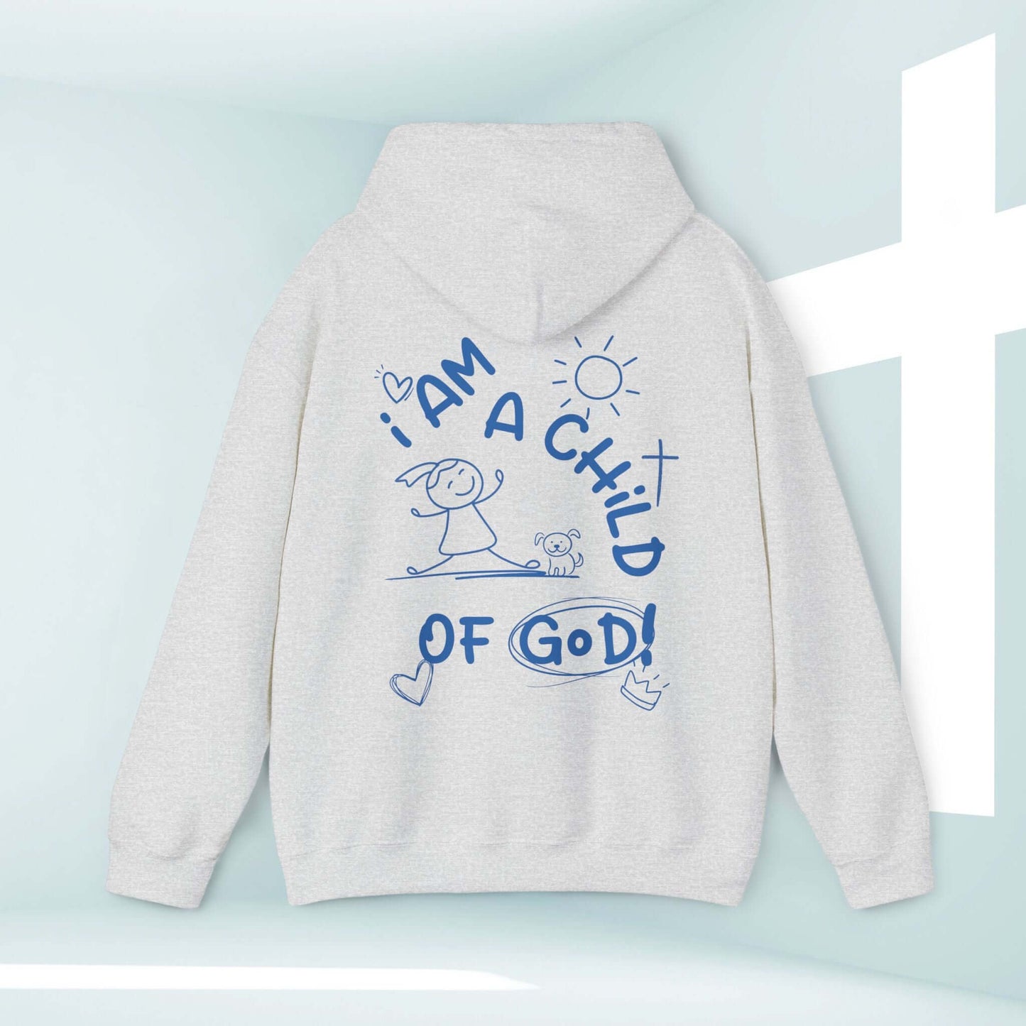 "I Am A Child Of God Christian Hoodie with Dog Graphic on White Hooded Sweatshirt for Faith-Based Inspiration"