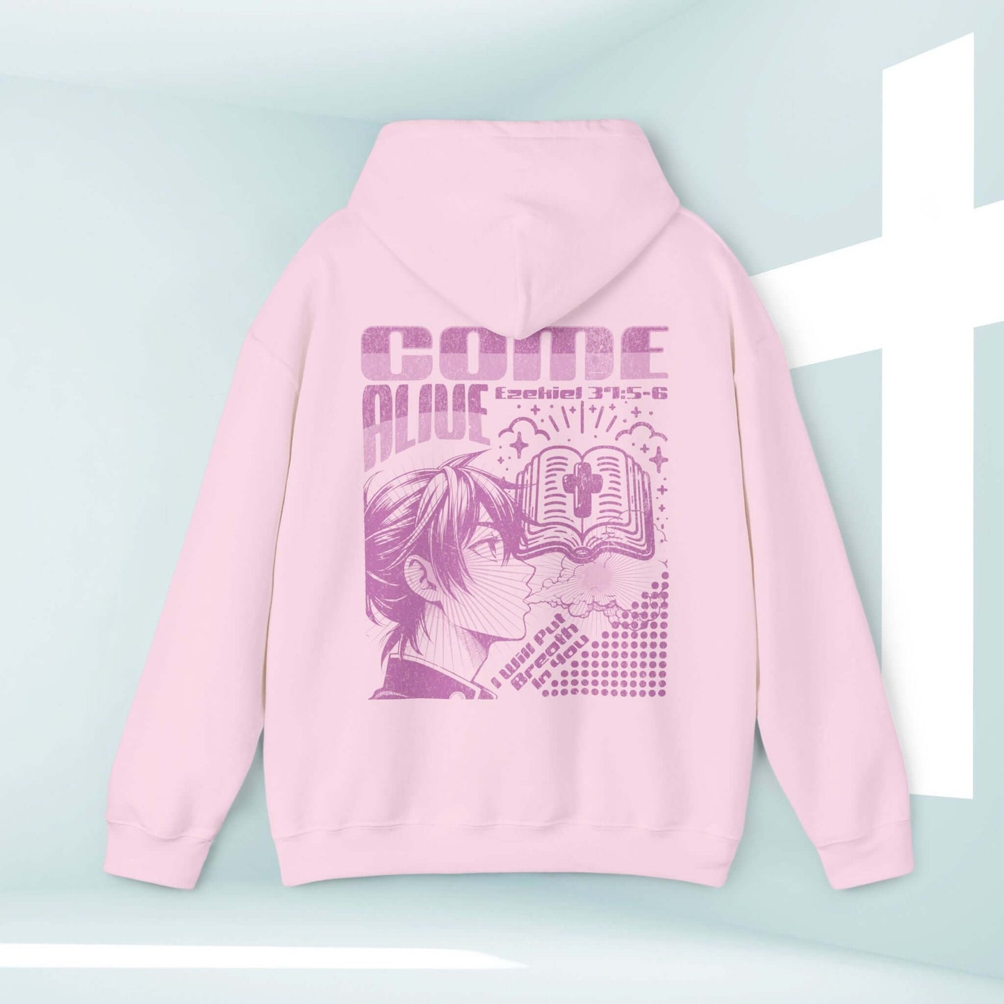 Pink Christian hoodie with Come Alive design and Bible verse graphic featuring faith-based inspirational artwork.