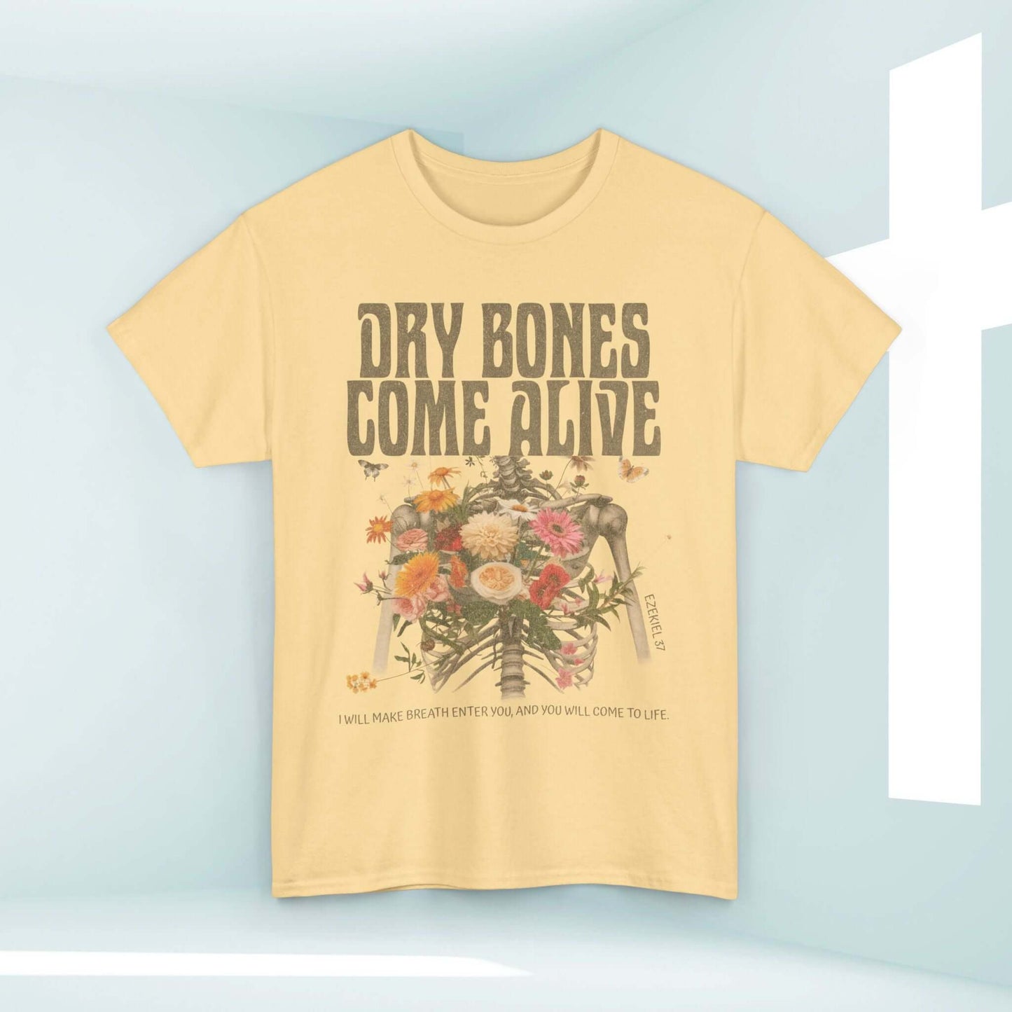 Christian Halloween shirt with "Dry Bones Come Alive" theme, featuring a skeleton and floral design. Perfect faith-inspired Halloween tee.