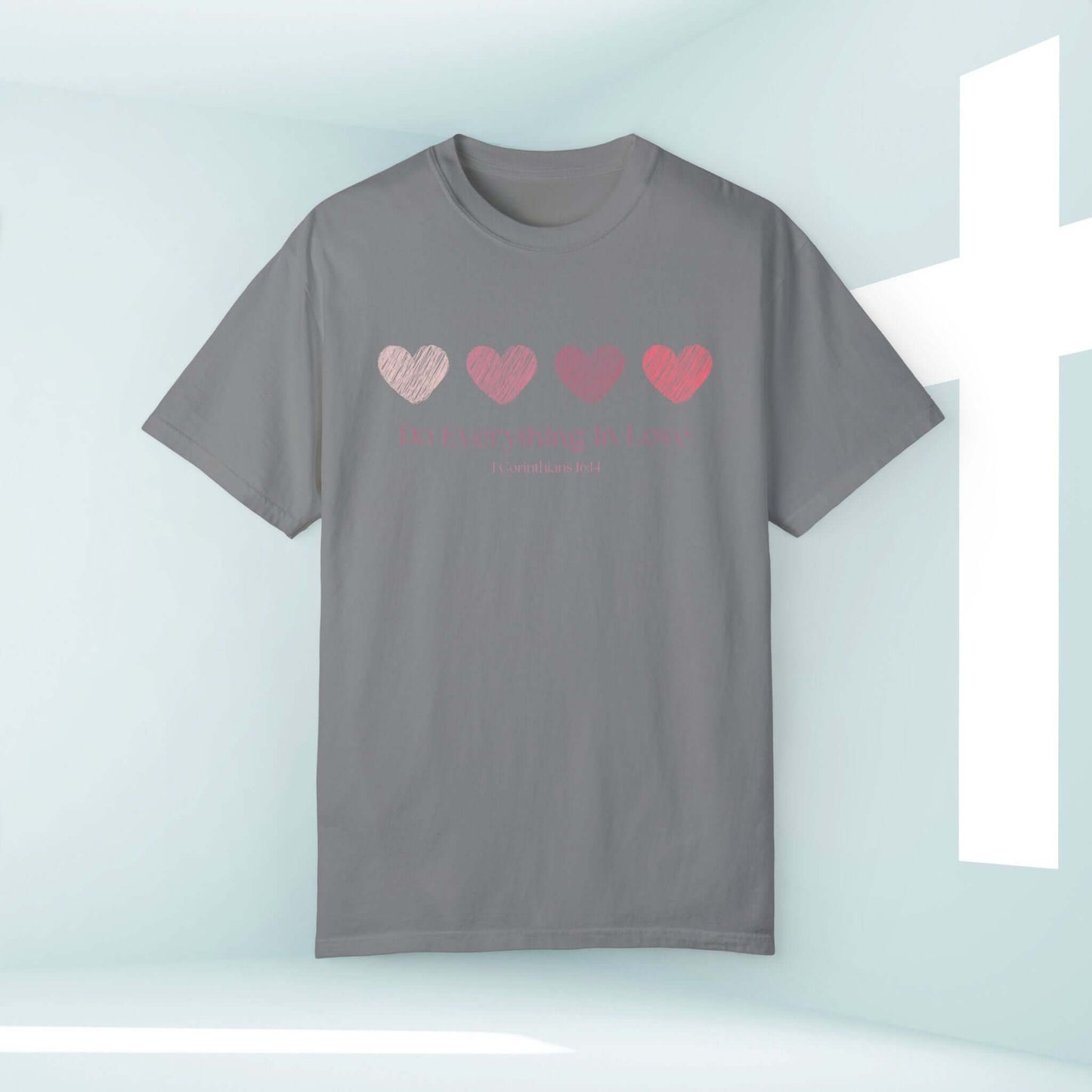 Christian Love Heart Wedding Shirt with faith-based design, perfect for engagement, anniversary, or Valentines Day gift, in grey.