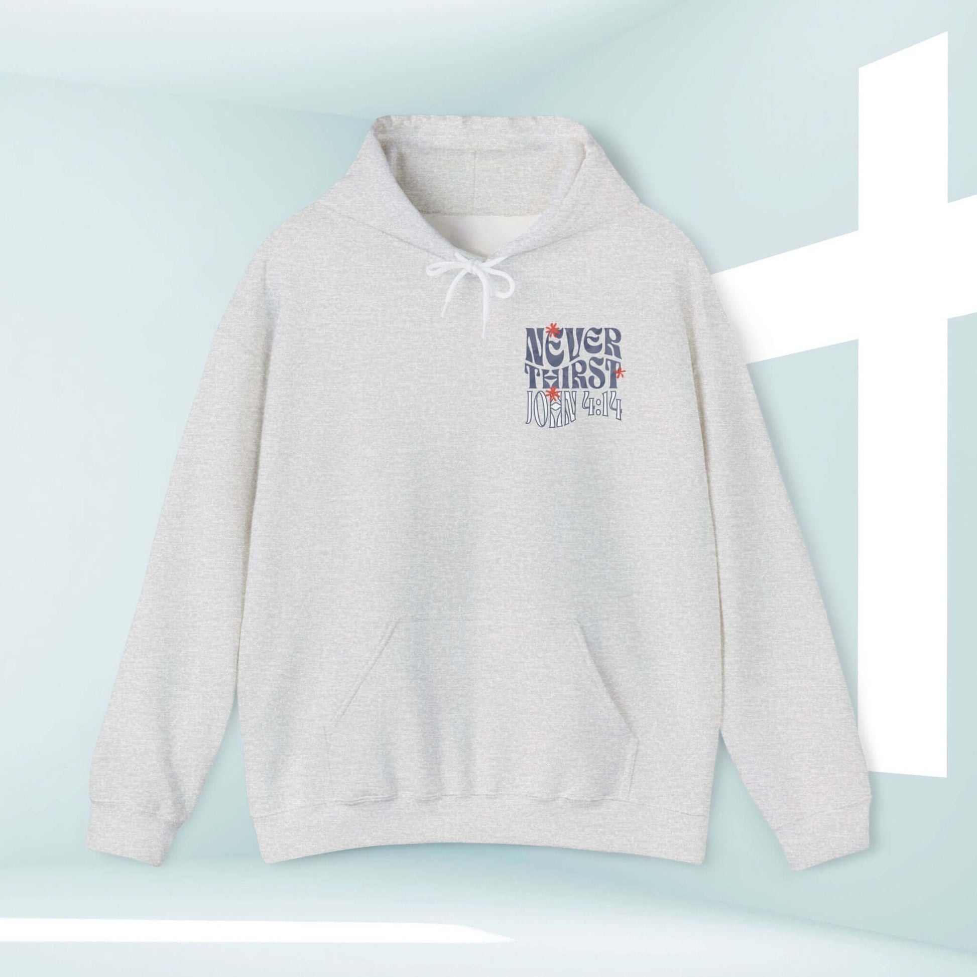 Christian hoodie with "Never Thirst" bible verse design, showcasing faith-based inspiration and comfort, featuring a classic fit and kangaroo pocket.