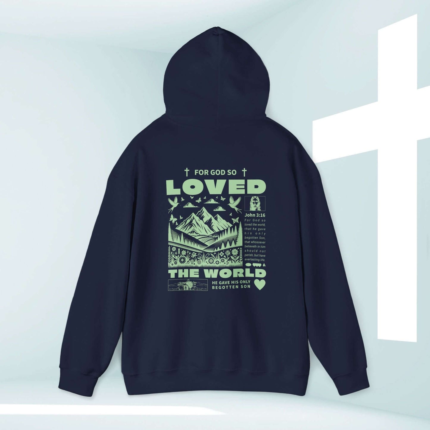 Trendy Christian hoodie with John 3:16 "For God So Loved The World" text, perfect faith hoodie for believers, cozy and inspirational.