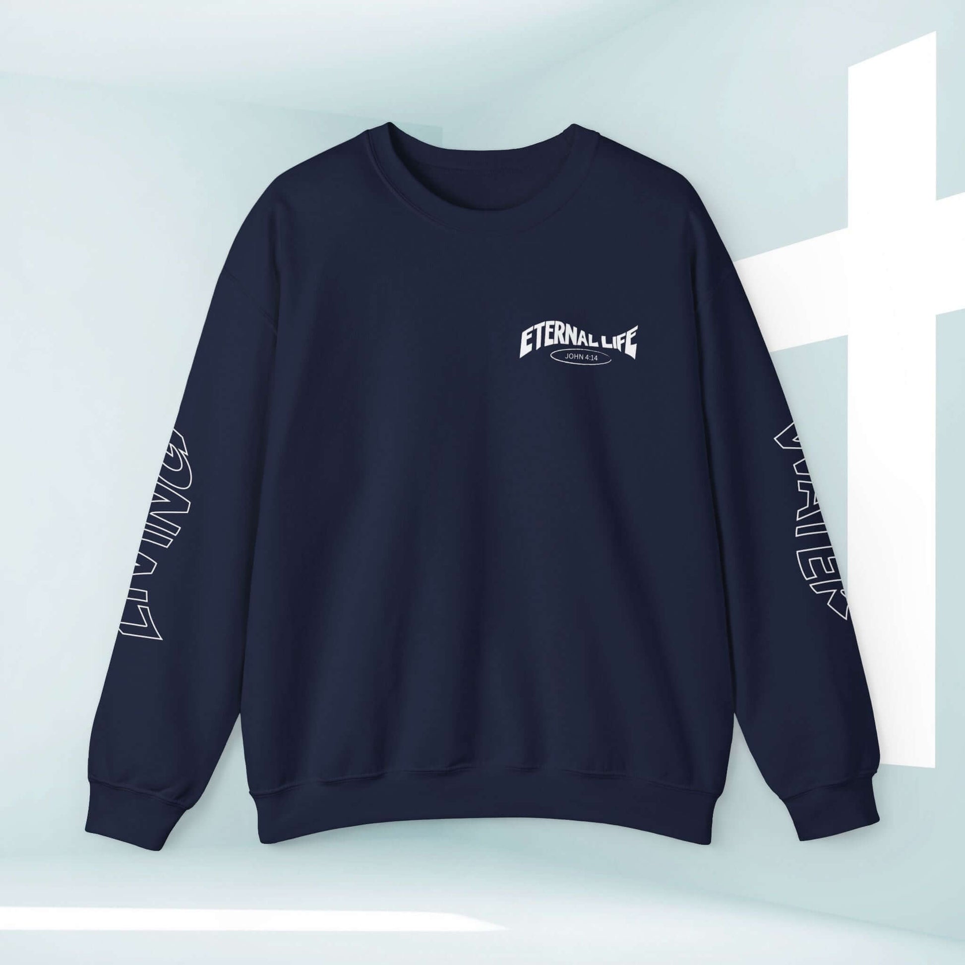 Living Water Eternal Life Christian sweatshirt with designs on sleeves, front and back, in black, faith-based apparel for men and women.