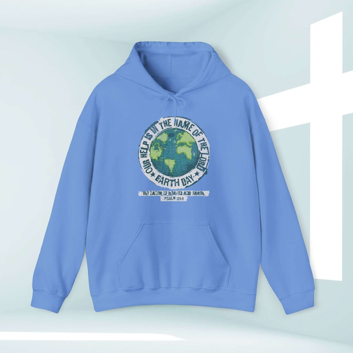 Earth Day Christian hoodie with Bible verse, blue hooded sweatshirt, faith-based inspirational apparel for outdoor nature lovers