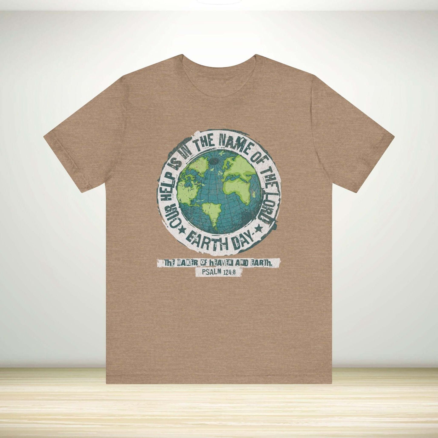 Christian Earth Day shirt with globe graphic and Psalm verse, celebrating faith and environmental stewardship.