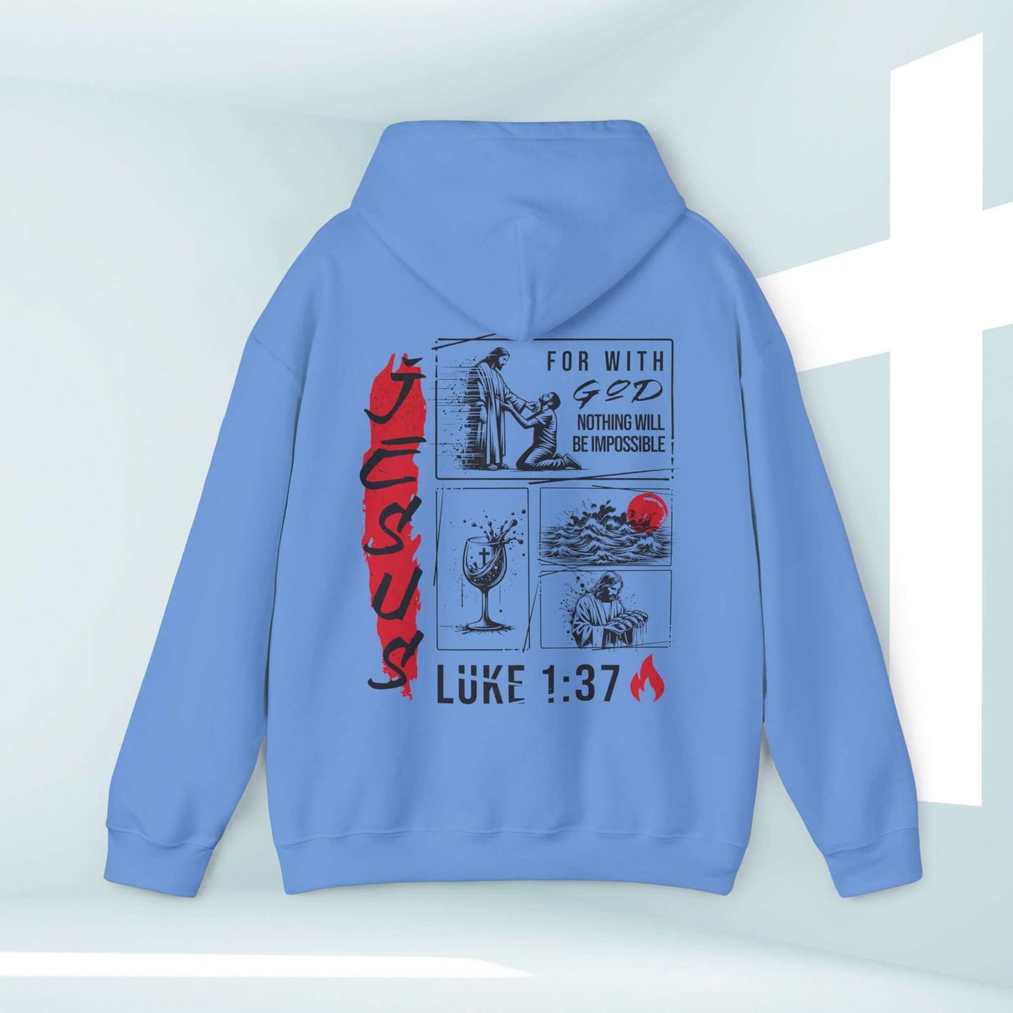 Mens Christian Jesus Hoodie with Bible Verse Luke 1:37, Christian Sweatshirt, Religious Gift for Fathers Day, Godly Gifts, Jesus Apparel