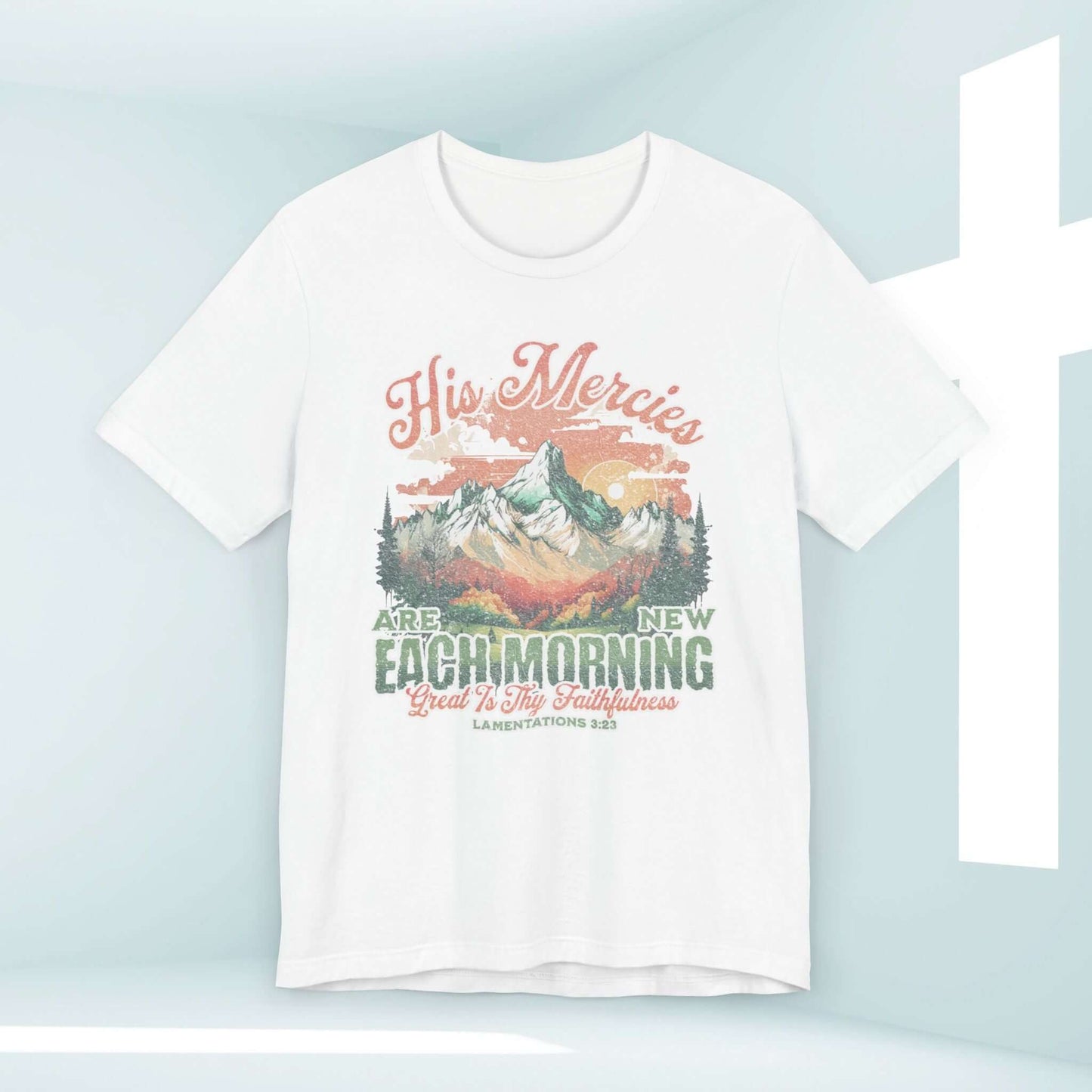 His Mercies Are New Each Morning Boho Christian Shirt with Mountain Design, Bible Verse T-Shirt, Inspirational Religious Apparel