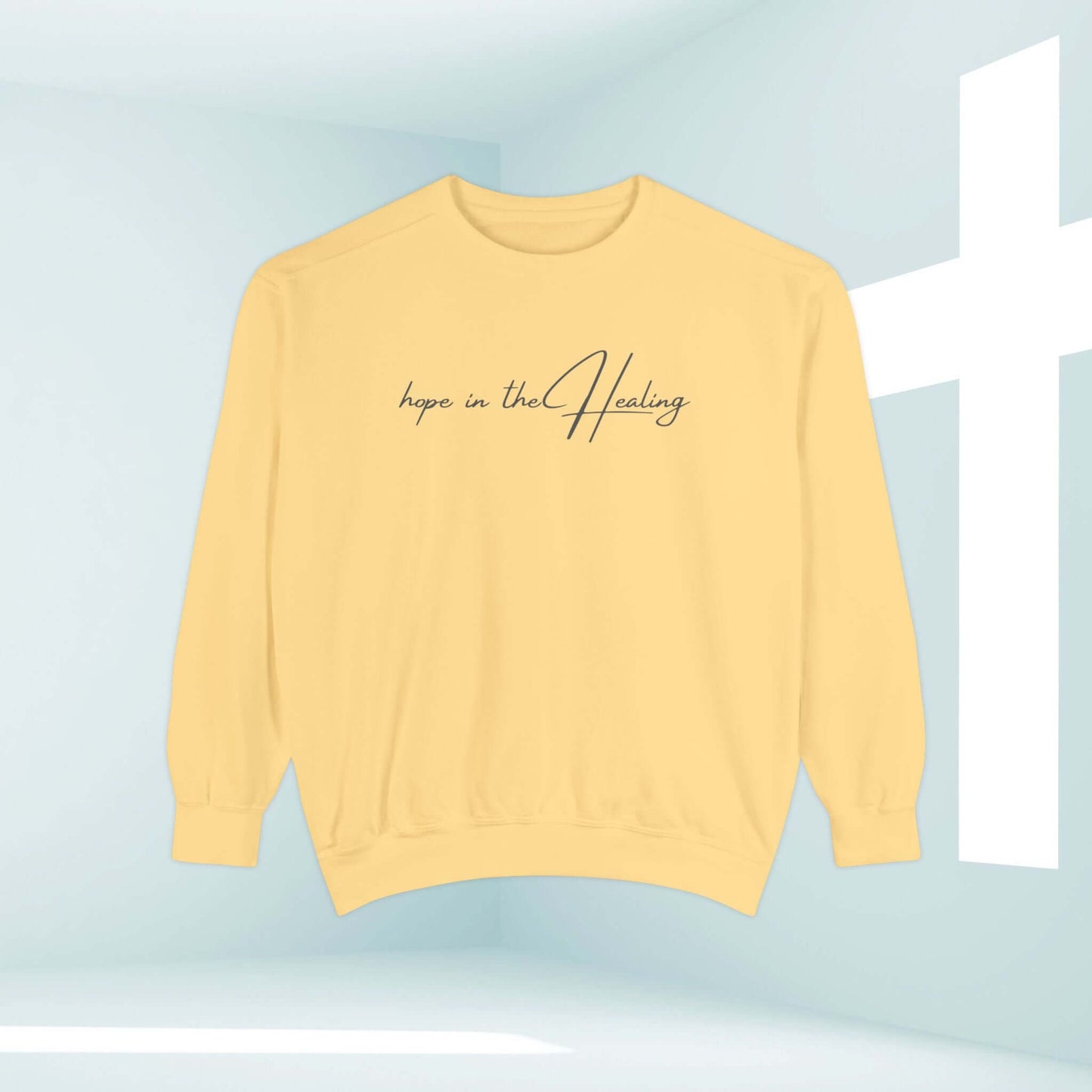 Hope In The Healing Christian sweatshirt with Bible verse, inspirational get well gift for cancer survivors and hospital patients.