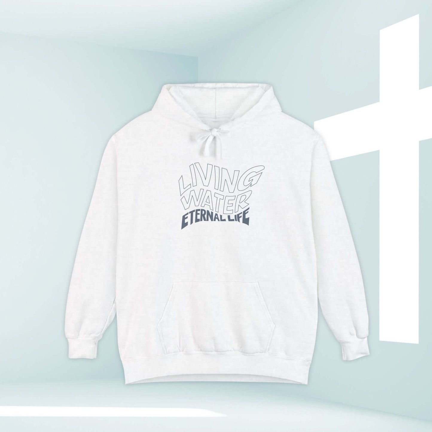 Living Water Eternal Life Christian hoodie with Bible verse, white hooded sweatshirt for faith-based inspiration, Christian apparel