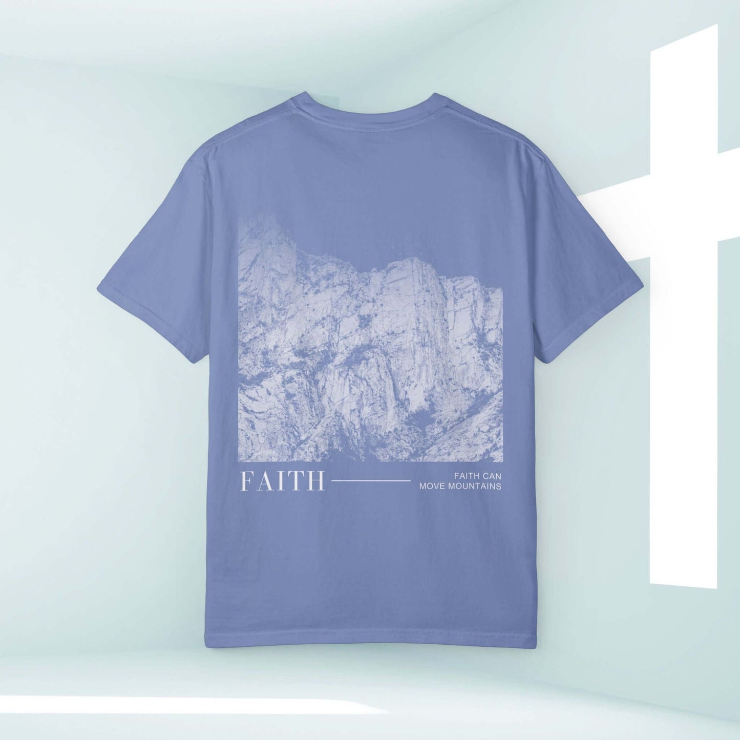 Faith Can Move Mountains Christian Shirt featuring mountain graphic and faith message, inspirational Christian apparel for worship and church