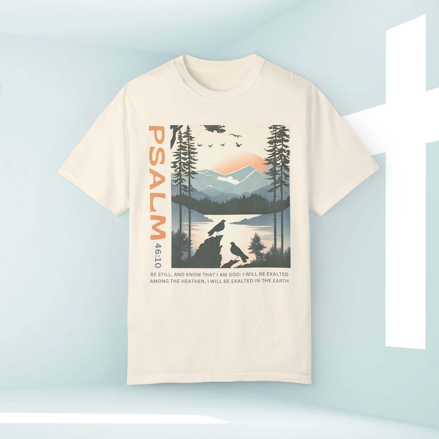 Peace Be Still Birds Christian Tee with Psalm 46:10, featuring tranquil nature scene and scripture, perfect Christian shirt for faith inspiration.