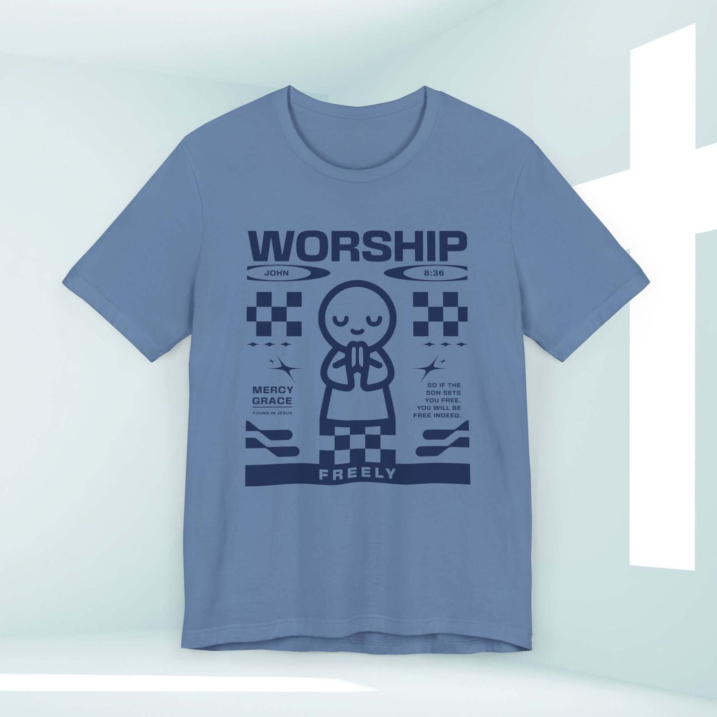 Blue Christian t-shirt with worship design, John 8:36 text, and praying figure; perfect for praise, church, and prayer gatherings.