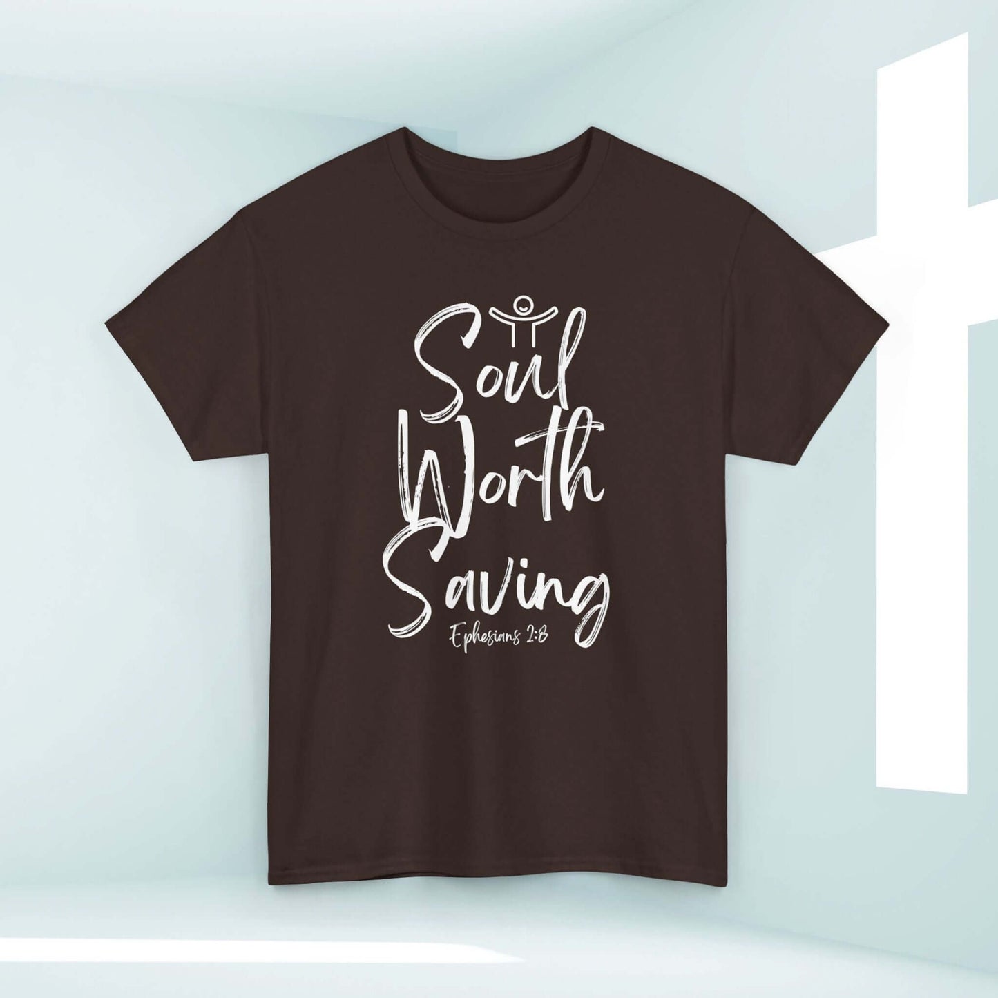 Soul Worth Saving women's Christian t-shirt with Ephesians 2:8 scripture, faith-based religious apparel for believers, and inspirational Christian clothing.