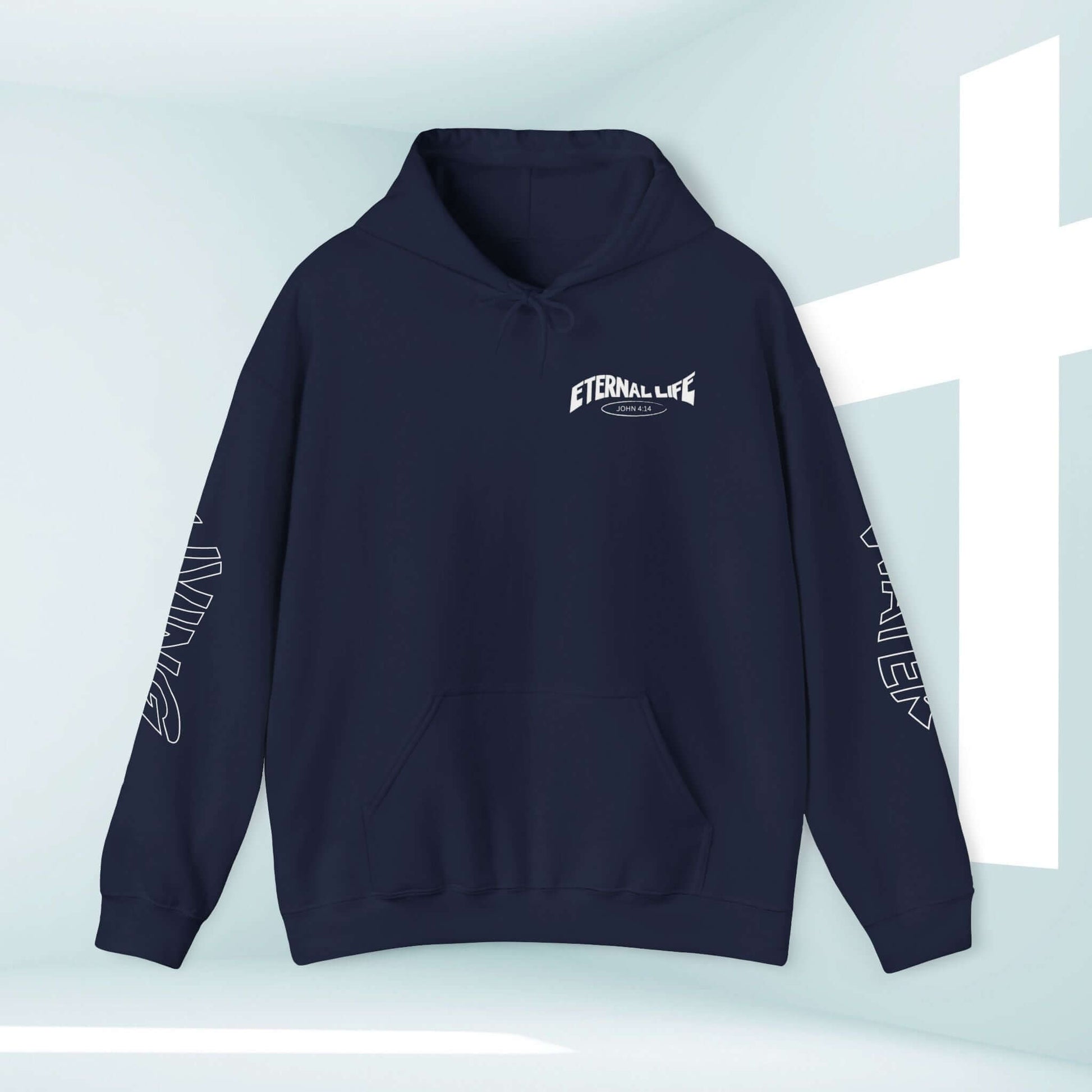 Living Water Eternal Life Christian hoodie with front, sleeves, and back graphic, perfect as a unisex faith-based apparel and baptism gift.