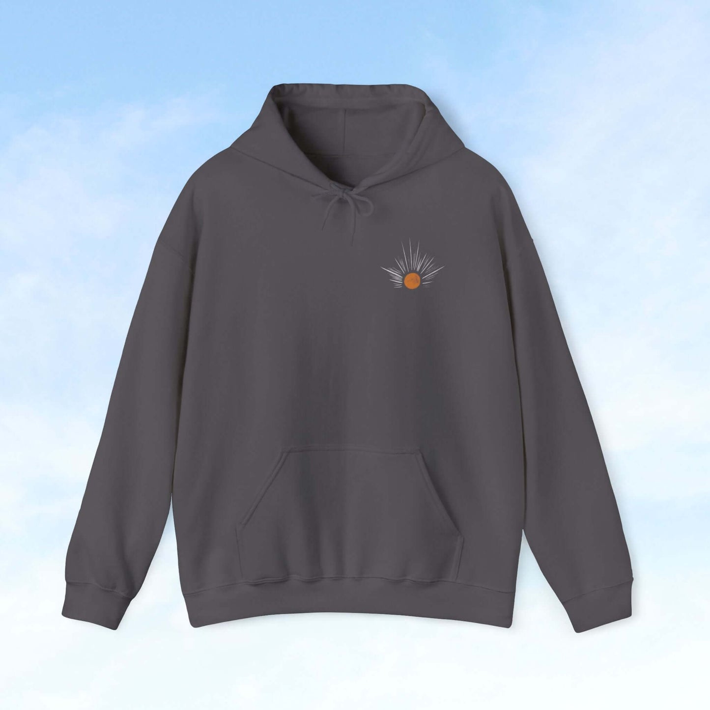 Be The Light Sunburst Christian hoodie with sun ray graphic, faith-based apparel for empowering Christians.