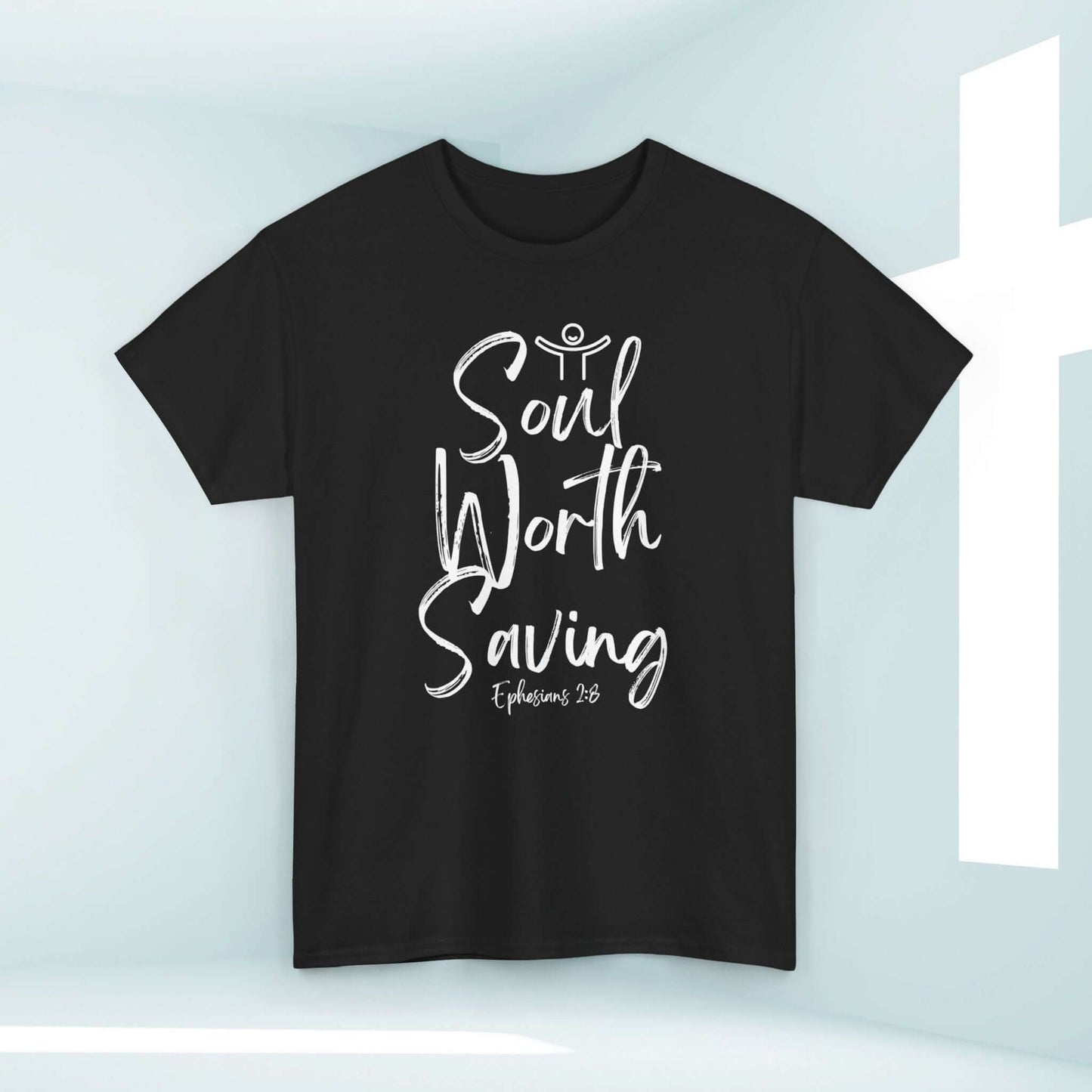 Soul Worth Saving women's Christian t-shirt featuring Ephesians 2:8, faith-based apparel for daily wear, Bible study groups, and church services