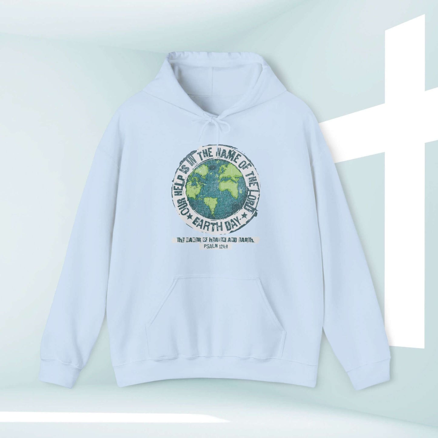 Light blue Earth Day Christian hoodie with Bible verse design, featuring a globe and cross, ideal for faith-based outdoor wear.