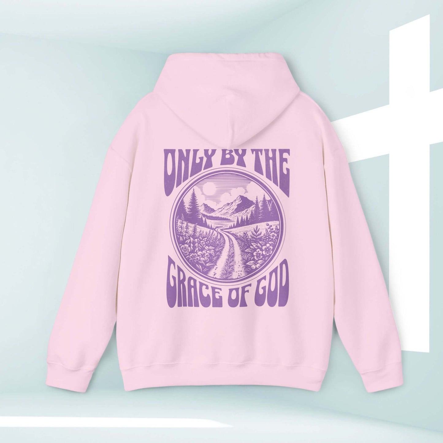 Christian hoodie Only By The Grace Of God Bible verse hooded sweatshirt in pink with landscape design, faith-based inspirational apparel