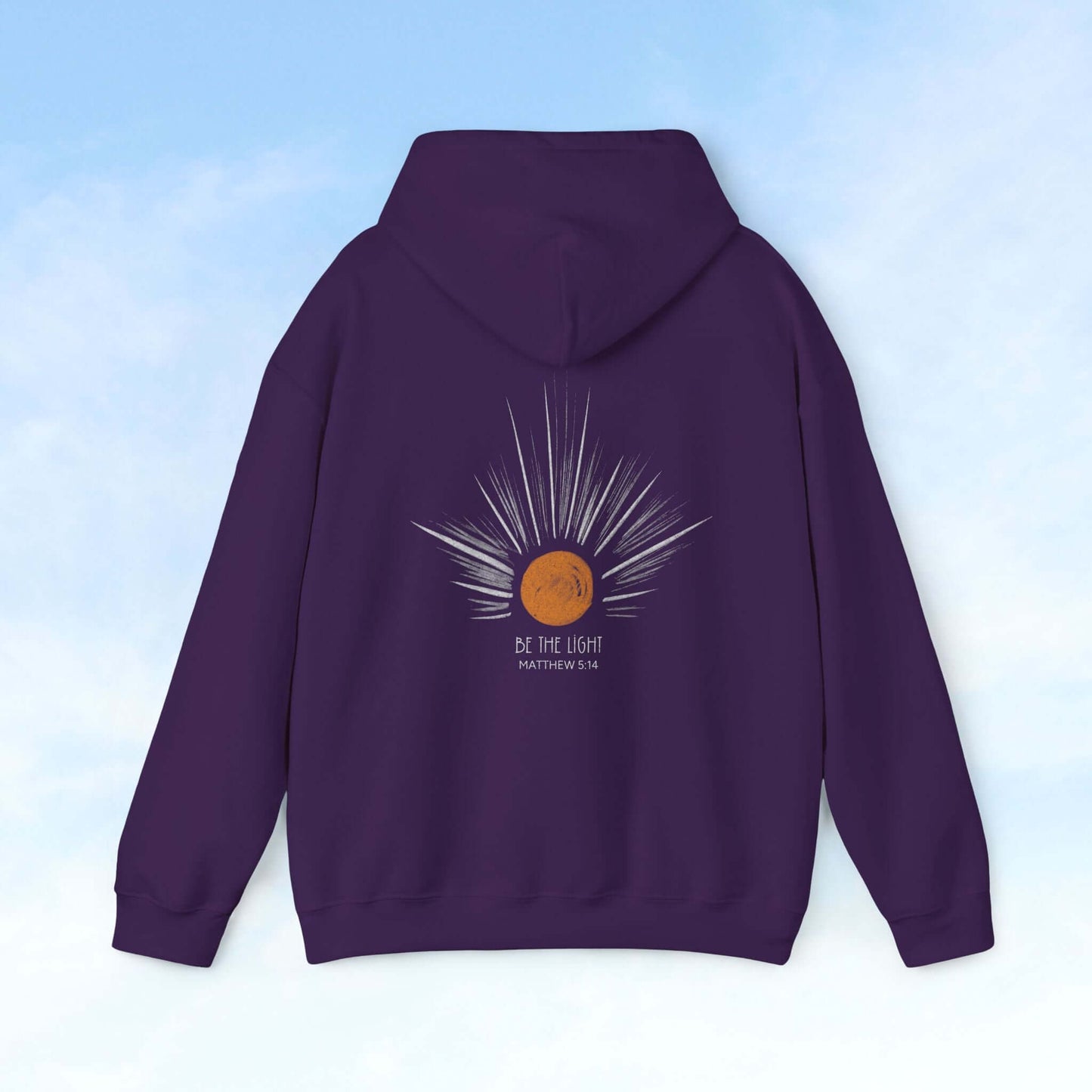 Be The Light Sunburst Christian Hoodie with celestial sun rays graphic on back, inspirational faith-based gift, Christian clothing and apparel