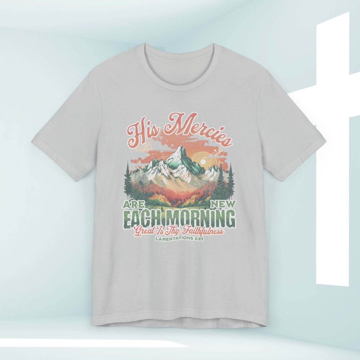 His Mercies Are New Each Morning Boho Christian Shirt, uplifting religious t-shirt with Bible verse design against a serene mountain backdrop