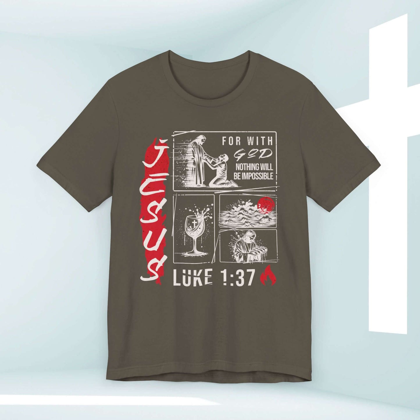 "Mens Christian Shirt Jesus T-Shirt with Bible Verse Luke 1:37 - For with God Nothing Will Be Impossible"