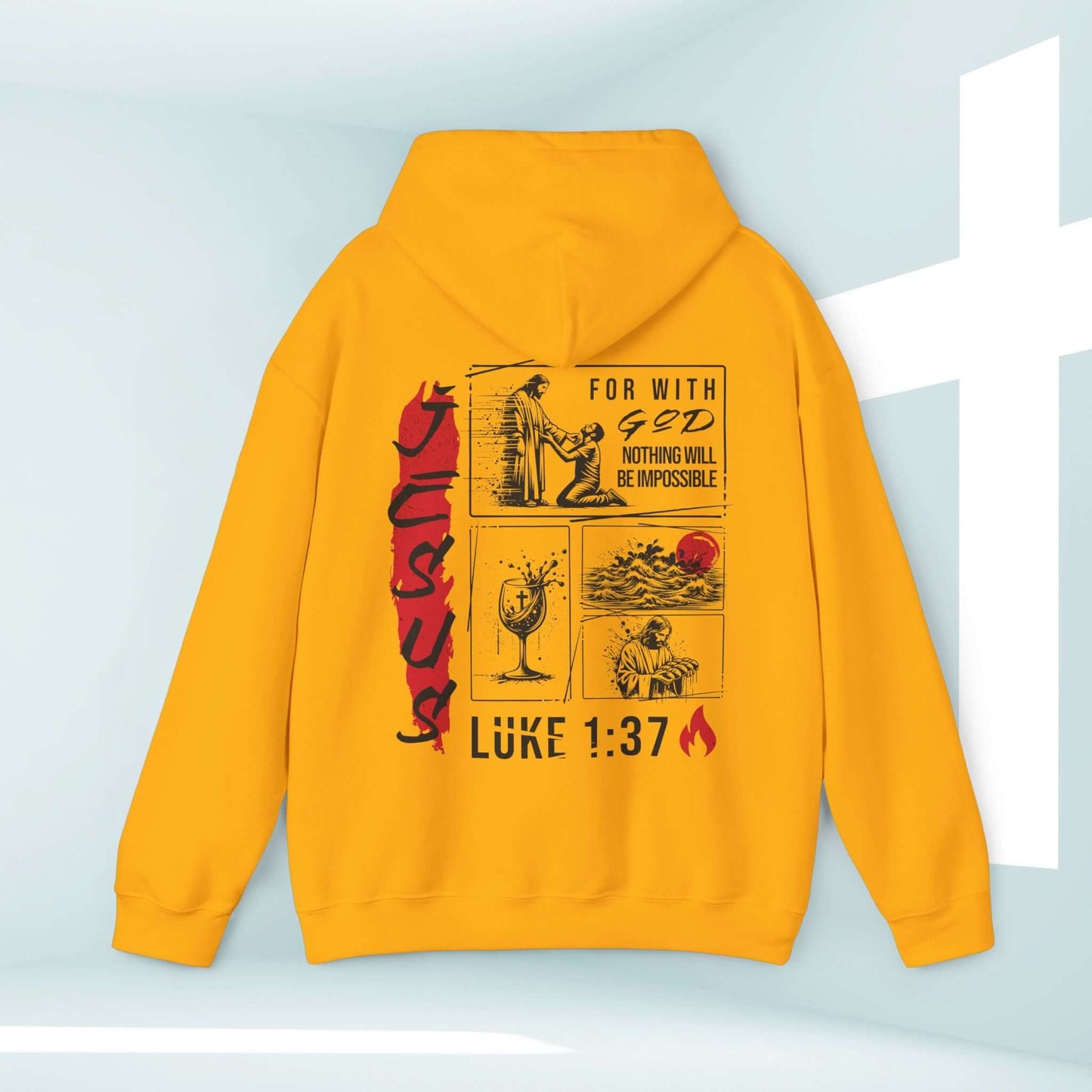 Yellow mens Christian Jesus hoodie with Bible verse Luke 1:37 "For with God nothing will be impossible" graphic design.