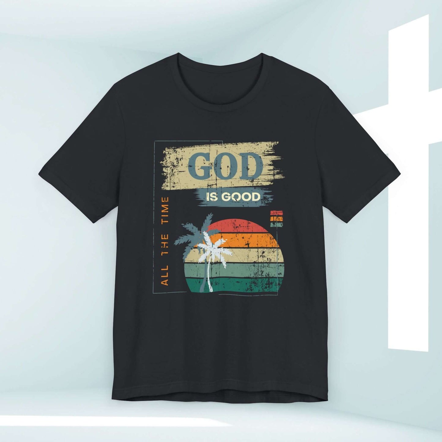 God Is Good All The Time Women's Christian T-Shirt with Bible Verse Graphic and Palm Tree Design in Black.