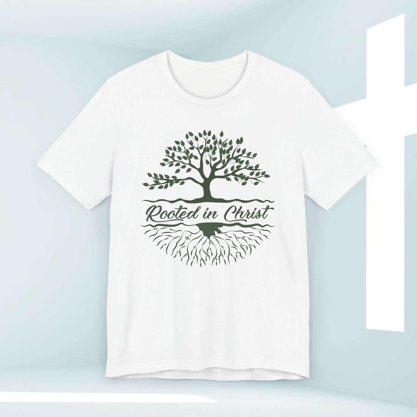 Rooted In Christ Men's Christian Shirt with Tree Graphic for Nature and Camping Enthusiasts