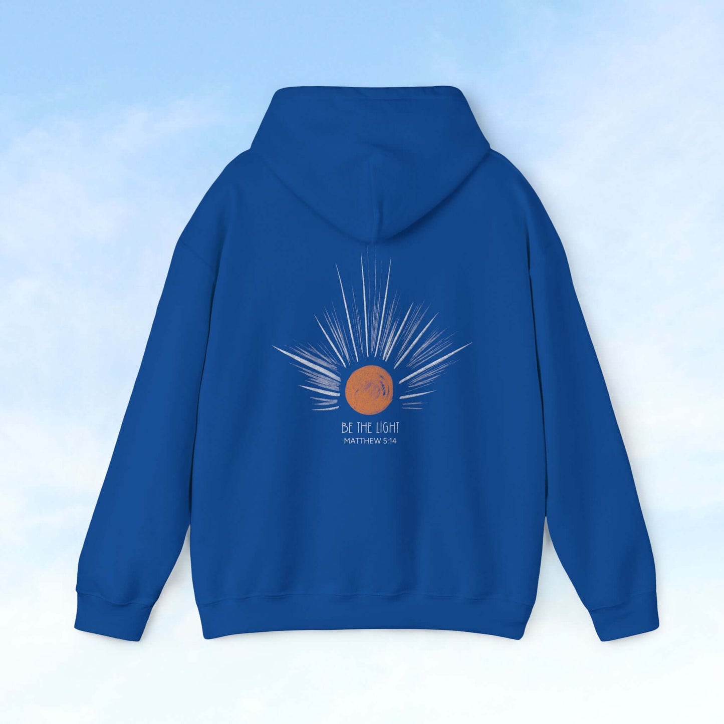 Be The Light Sunburst Christian Hoodie with Celestial Sun and Rays Design - Blue Christian Apparel with Bible Verse Matthew 5:16