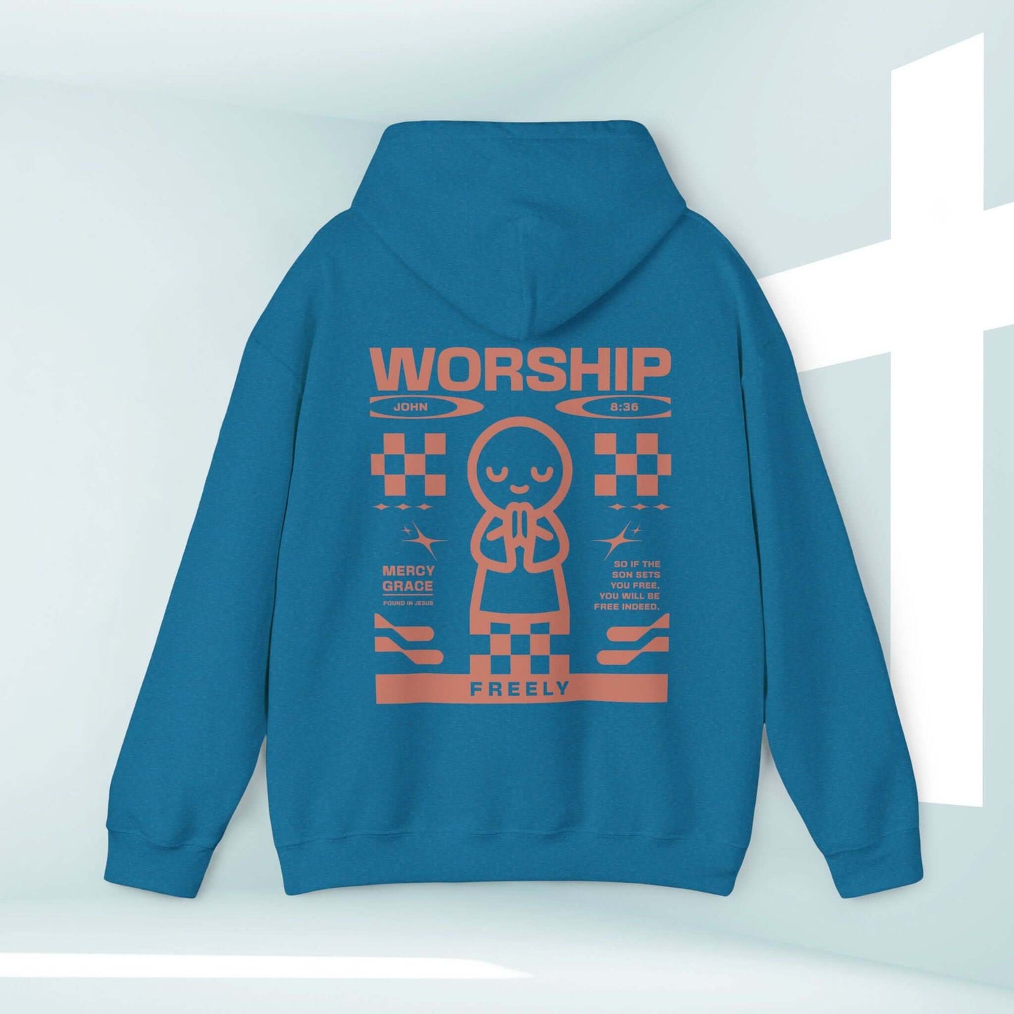 Worship Freely Christian hoodie with faith-based graphic design, blue hooded sweatshirt, perfect worship shirt and Christian apparel.