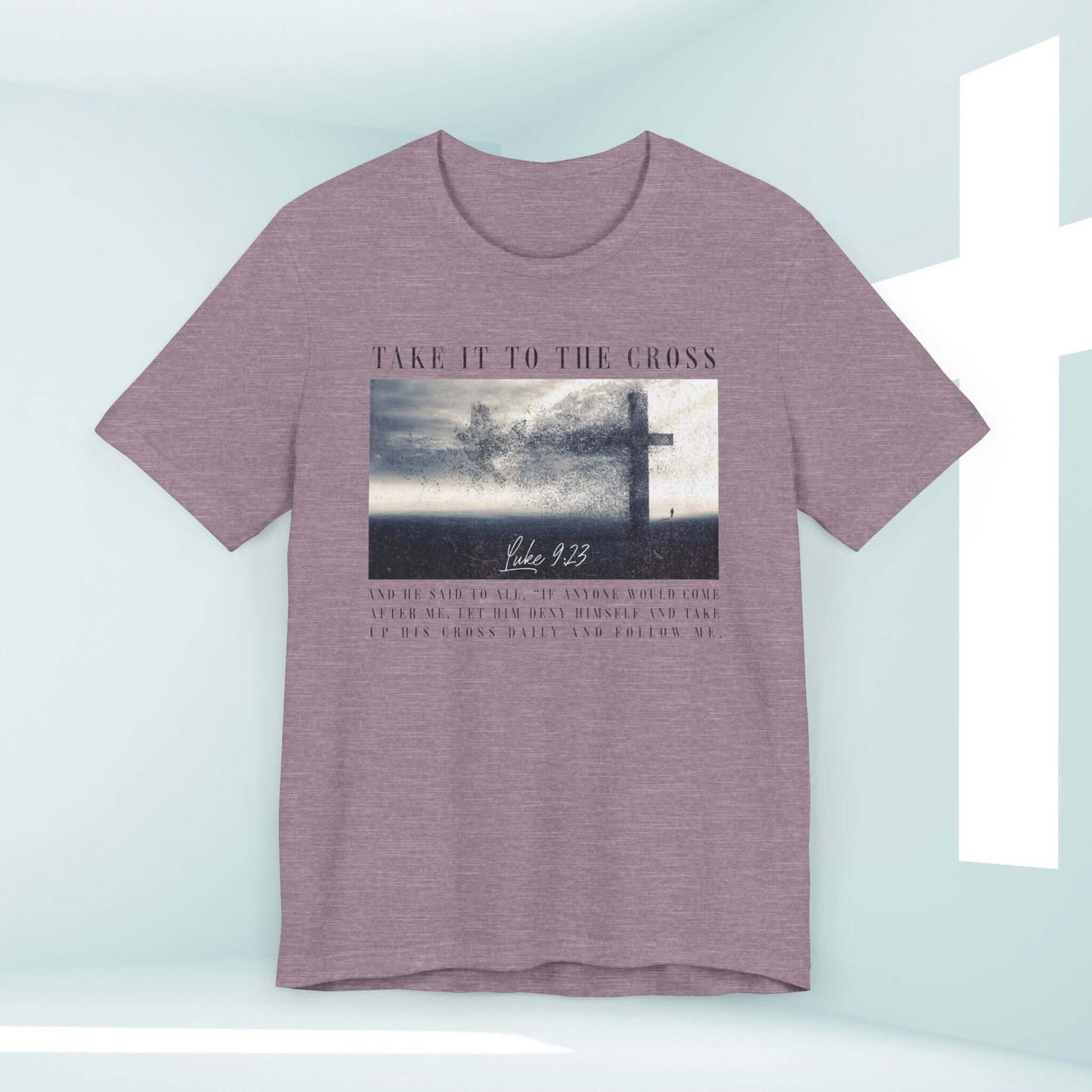 Take It To The Cross Christian Shirt with Cross Graphic and Bible Verse in Modern Room