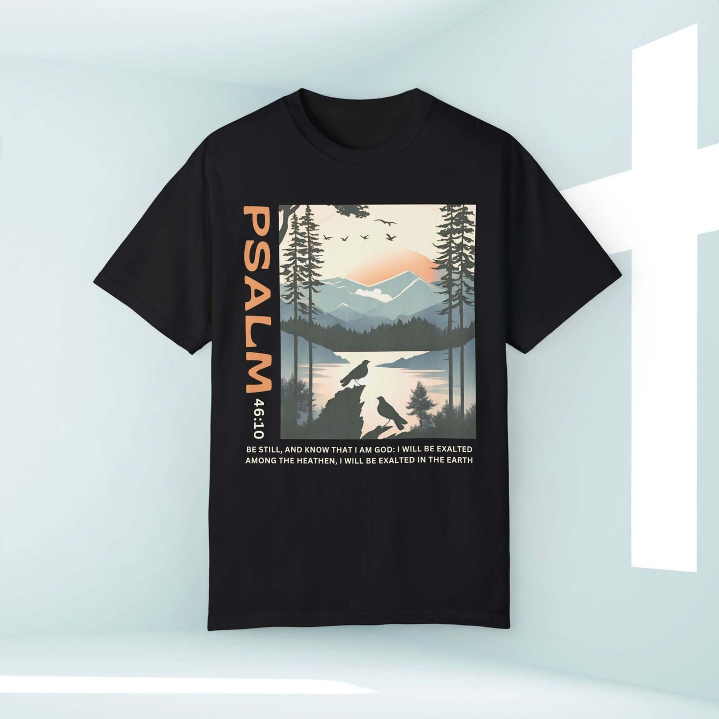 Peace Be Still Birds Christian shirt featuring Psalm 46:10, faith-based Jesus tee with inspirational scripture design, black oversized Tshirt.