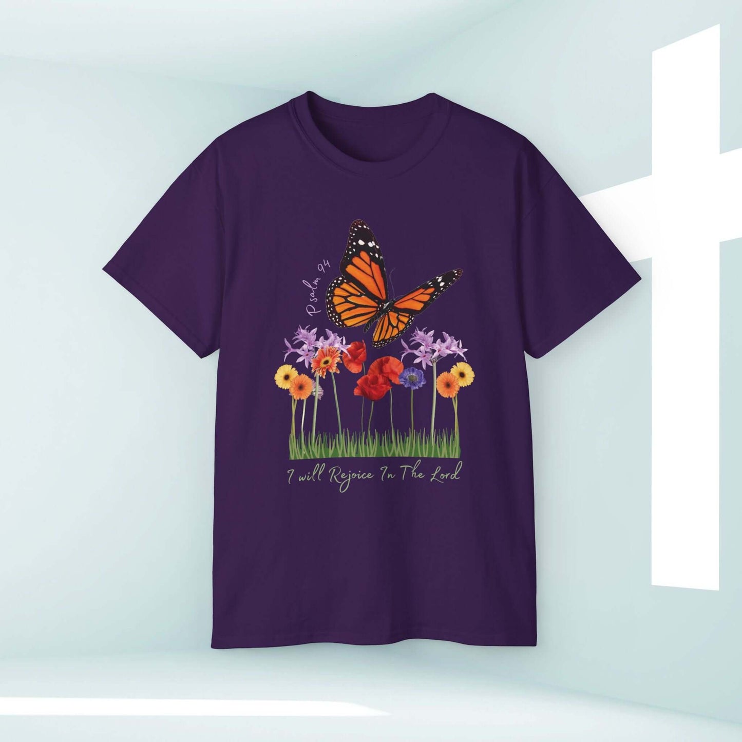 Purple "I Will Rejoice In The Lord" Christian T-Shirt with butterfly and floral design, faith-based apparel.