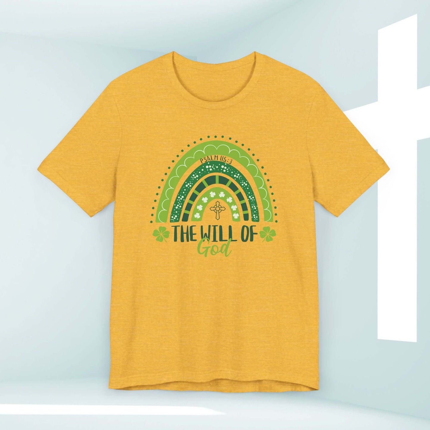 St Patrick's Day Christian Shamrock Rainbow Tee with "The Will of God" Design in Yellow for Faith-Based Inspiration