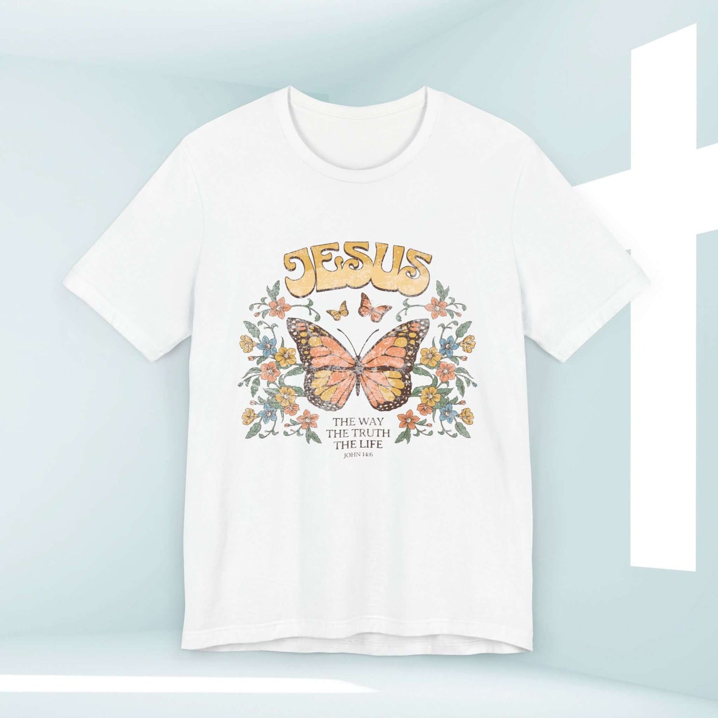 Jesus The Way The Truth The Life butterfly Christian t-shirt on display; inspirational faith-based tee with scripture.