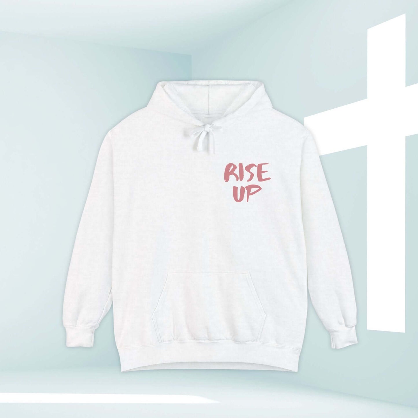 Rise Up Bible Verse Hooded Sweatshirt, Christian Hoodie in white with inspirational message, perfect for faith-based apparel and church clothing.